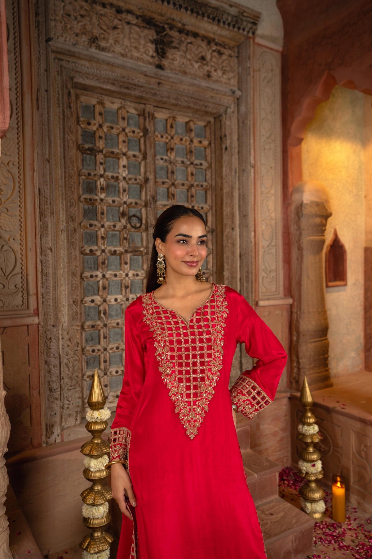 Vibrant Raspberry Embellished Crepe Silk Pant Set