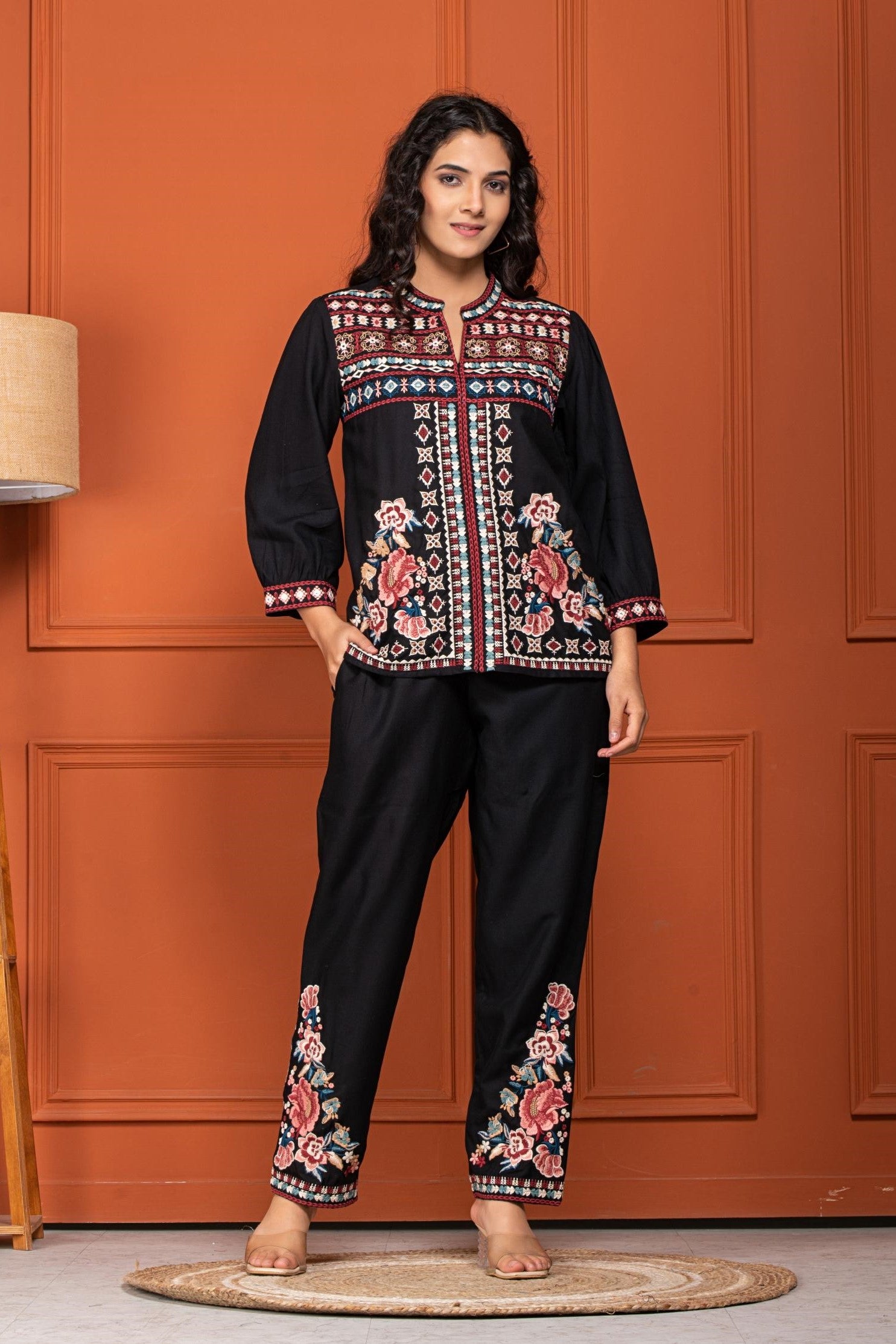 Black Floral Embroidered Belgium Cotton Co-Ord Set