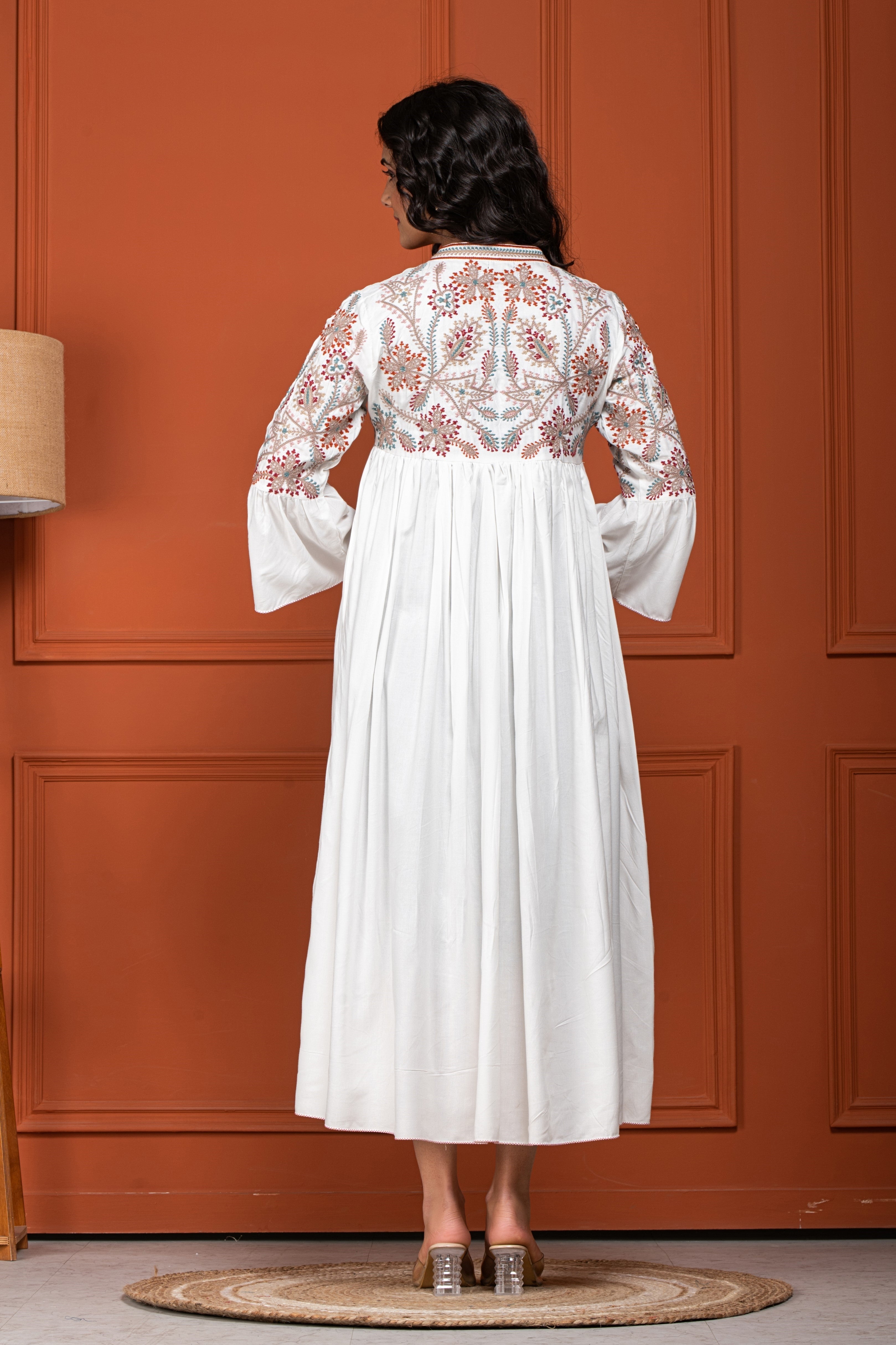 White Embroidered Cotton Silk Dress