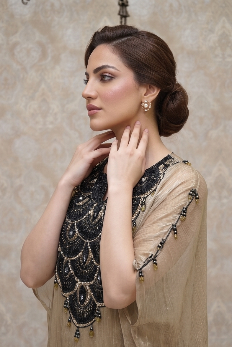 Metallic Beige Embellished Tissue Silk Palazzo Set