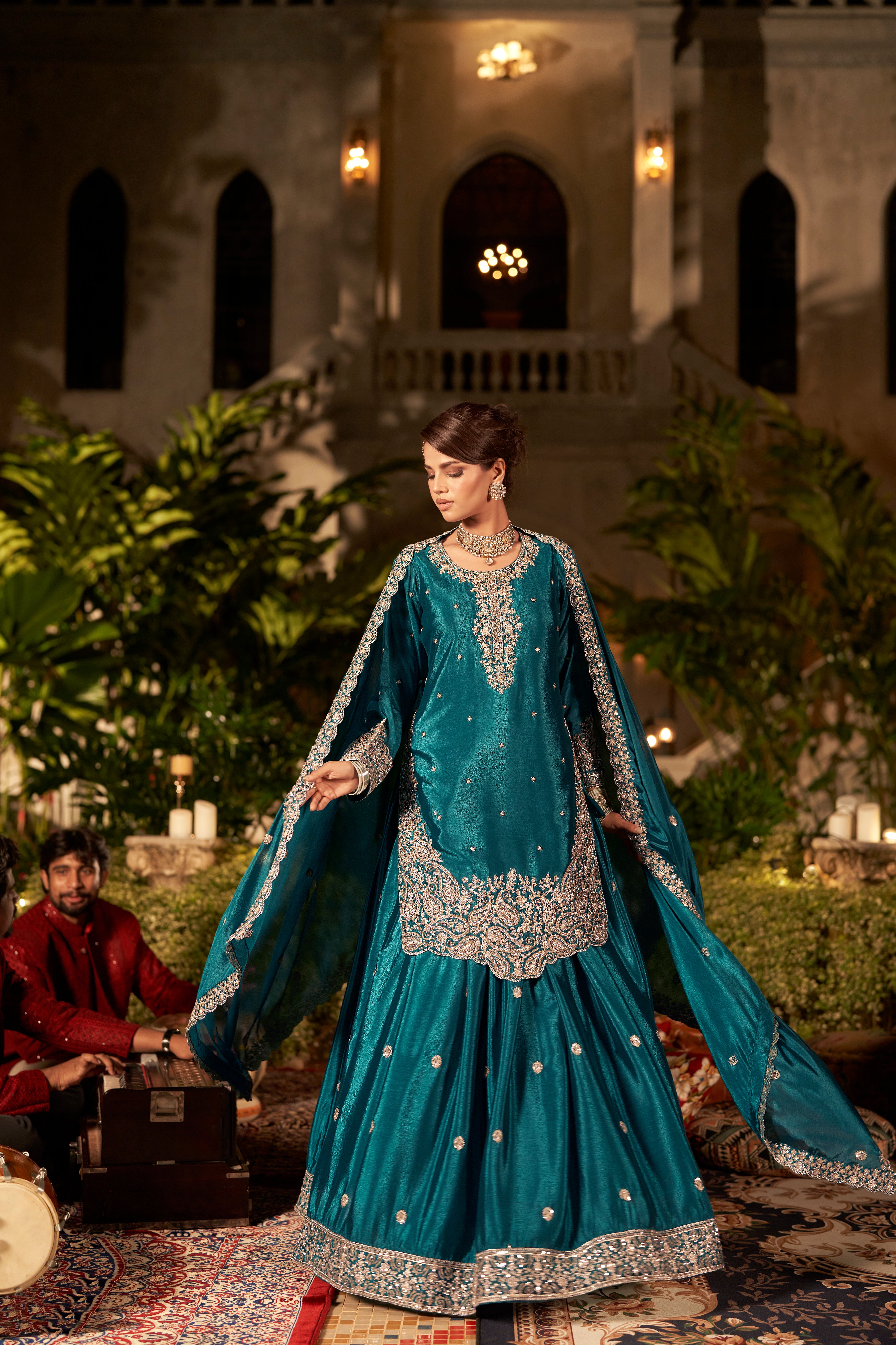 Teal Green Embellished Premium Silk Skirt Set