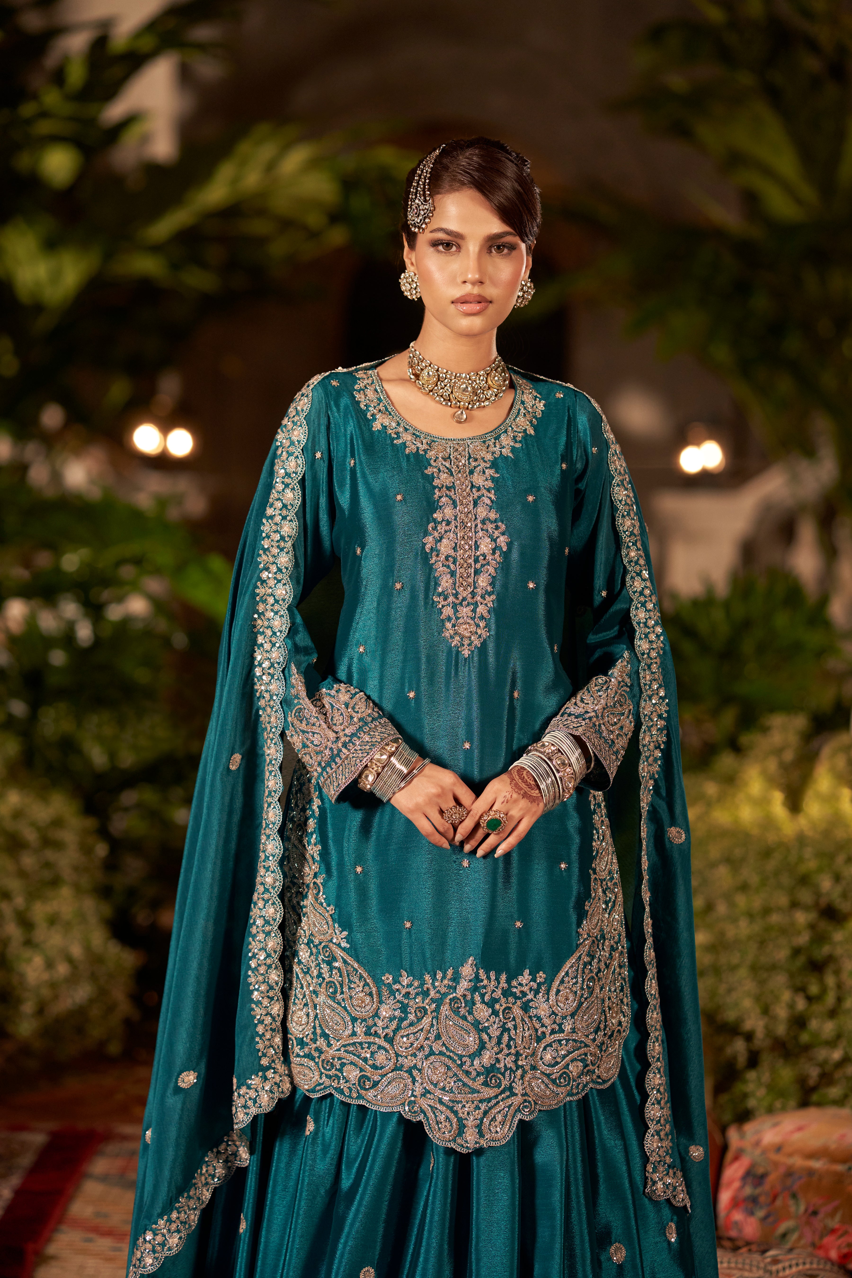 Teal Green Embellished Premium Silk Skirt Set