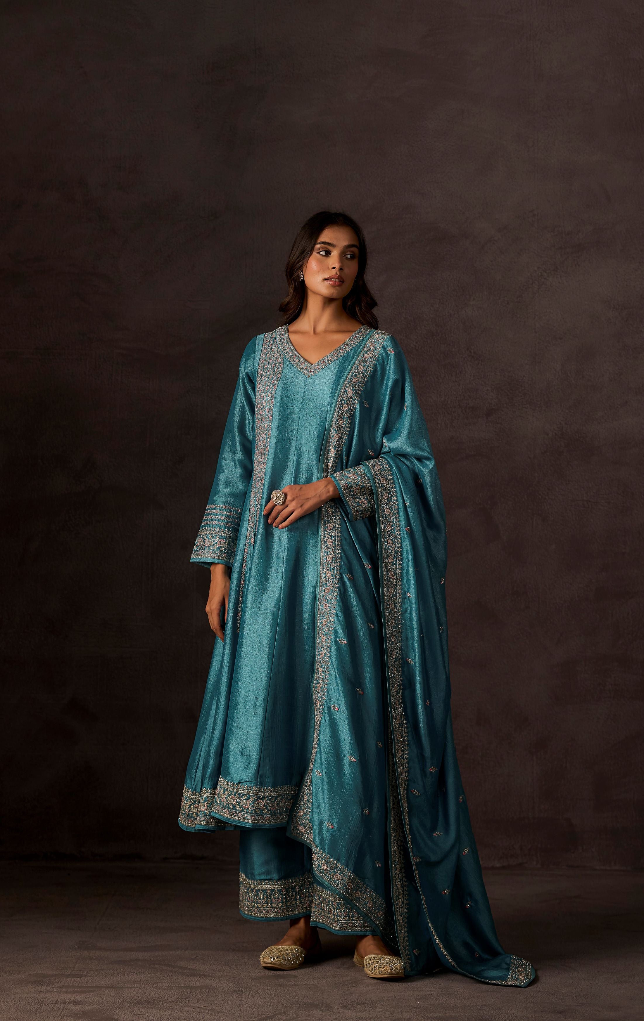 Pacific Blue Embellished Raw Silk Anarkali Set