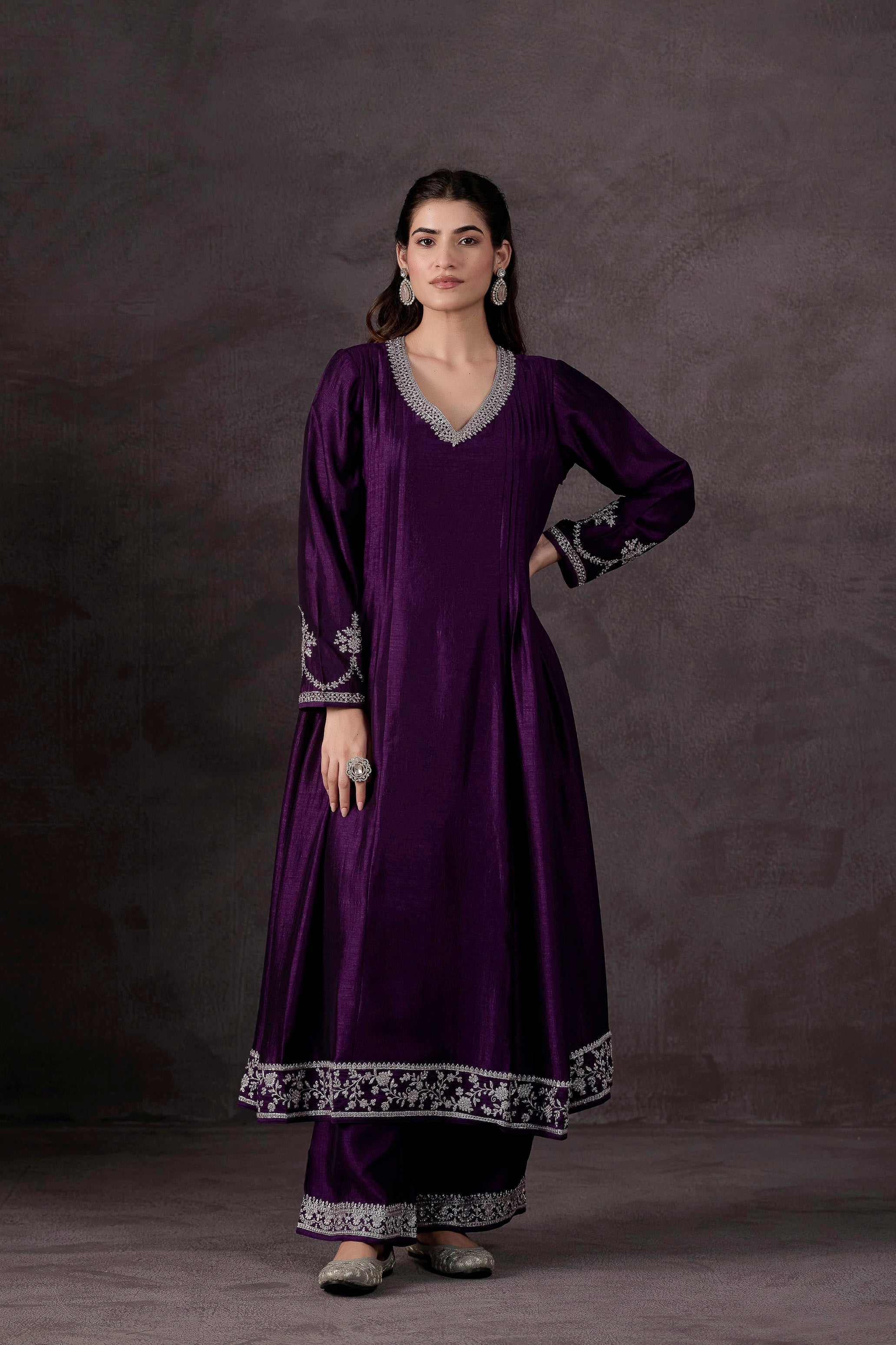 Purple Embellished Raw Silk Pant Set