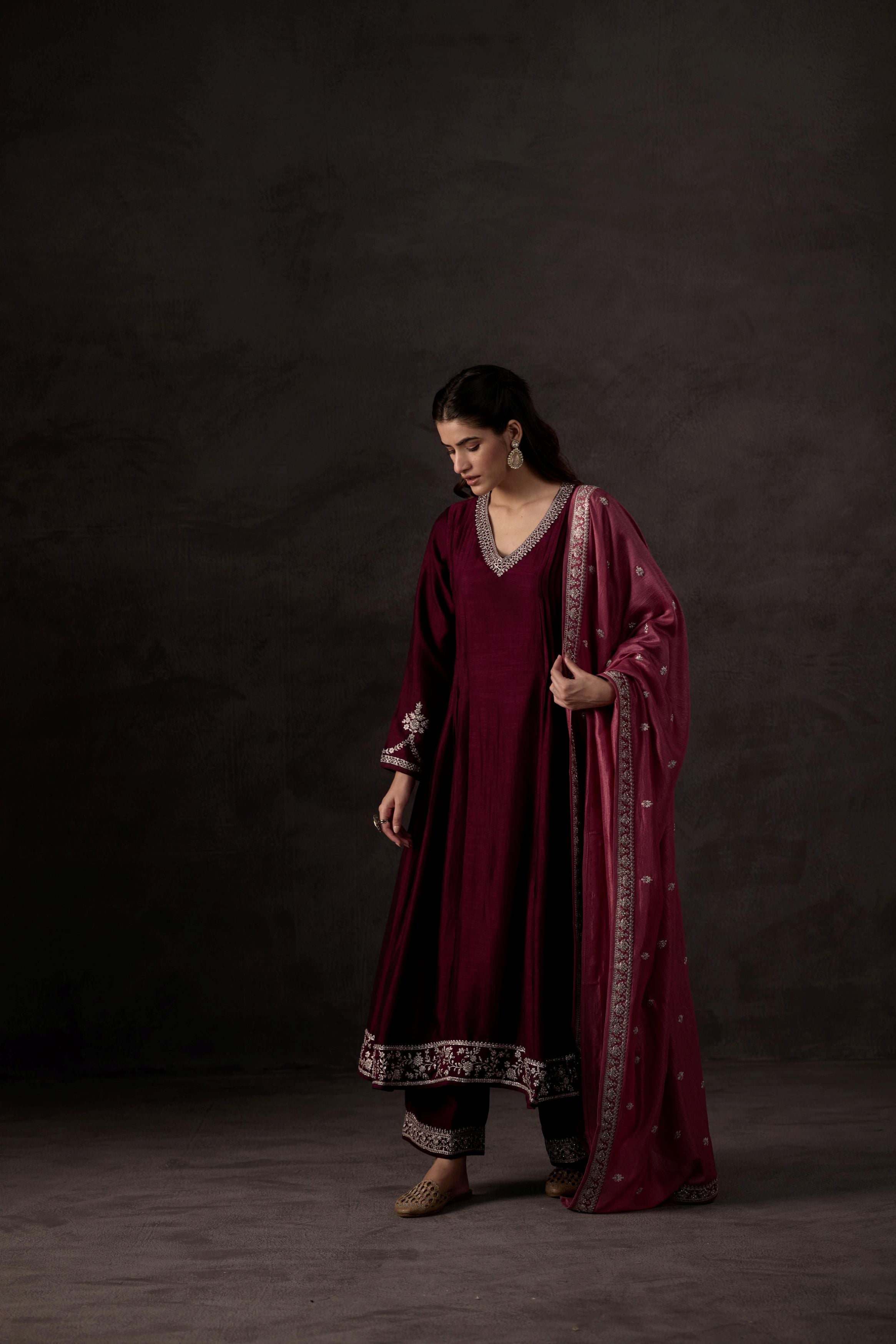 Deep Green Embellished Raw Silk Anarkali Set