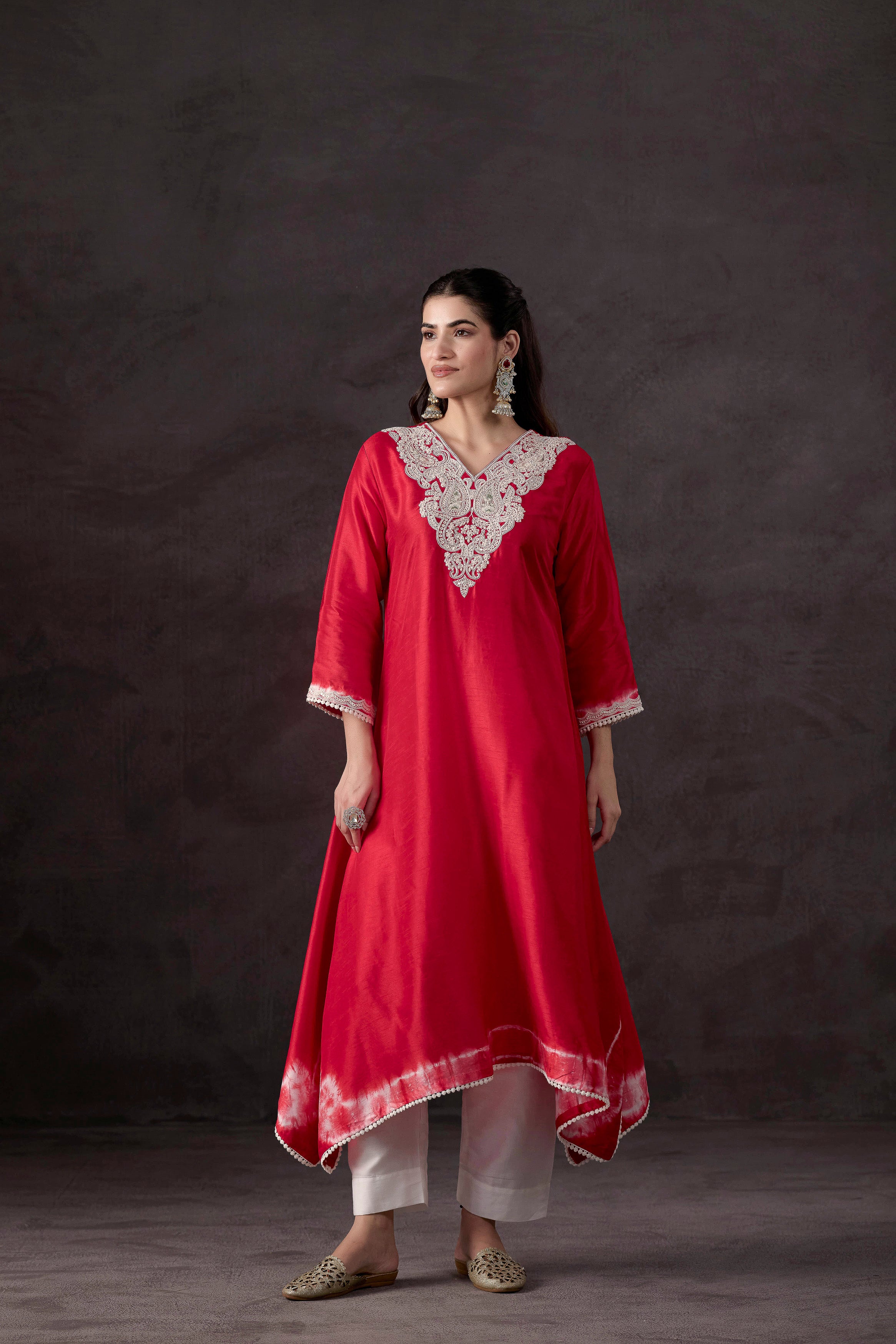 Red Embellished Raw Silk Kurta Set