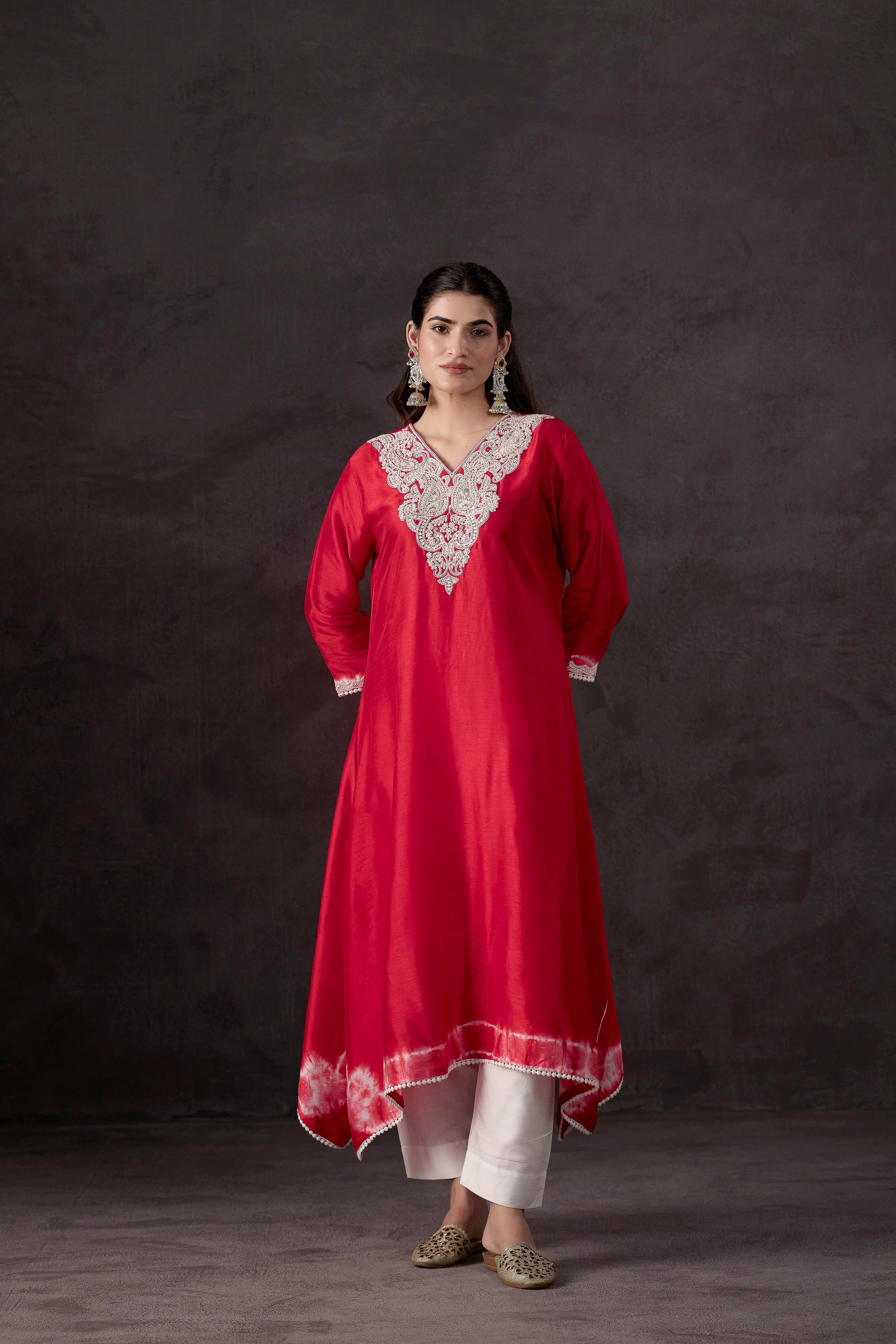 Red Embellished Raw Silk Kurta Set