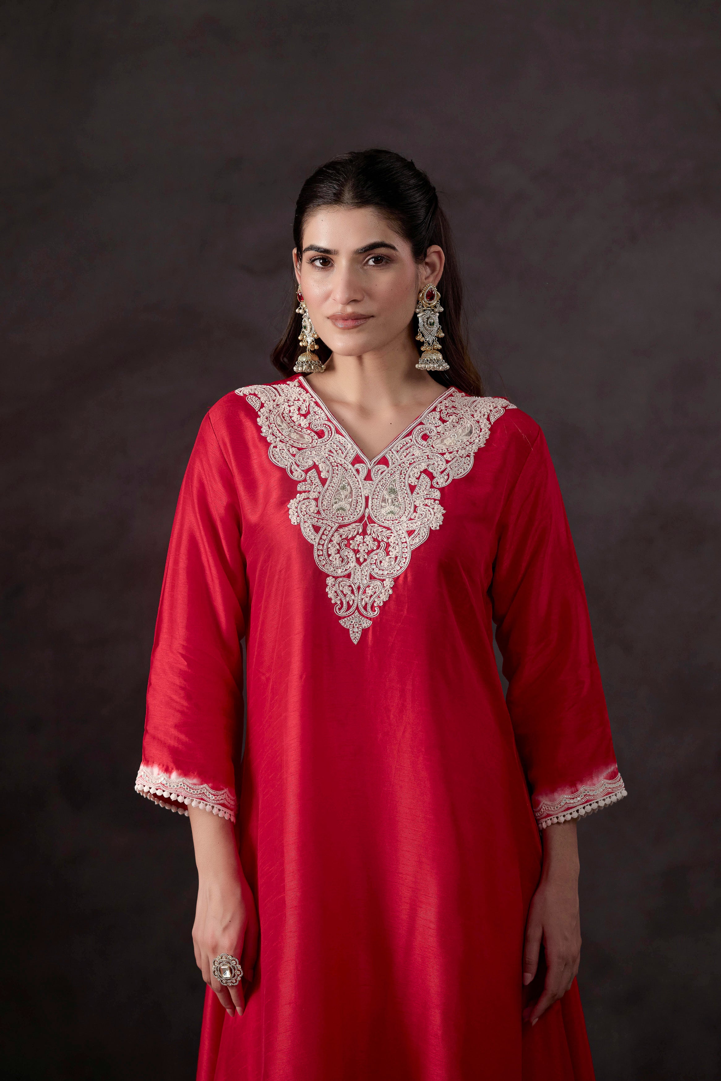Red Embellished Raw Silk Kurta Set