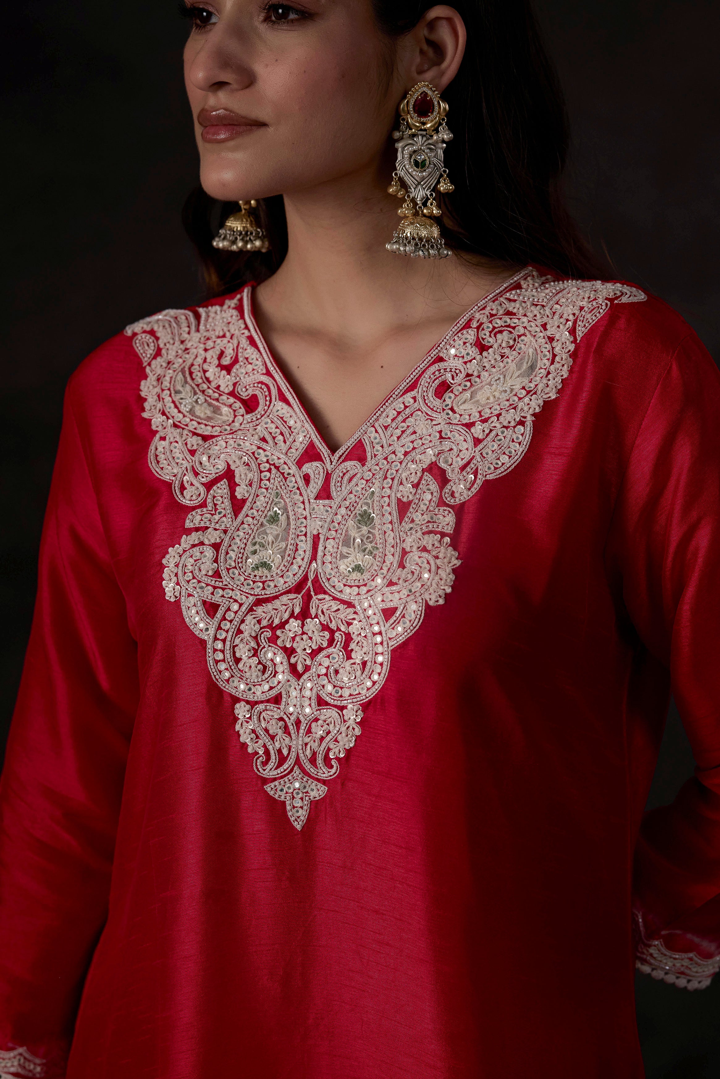 Red Embellished Raw Silk Kurta Set
