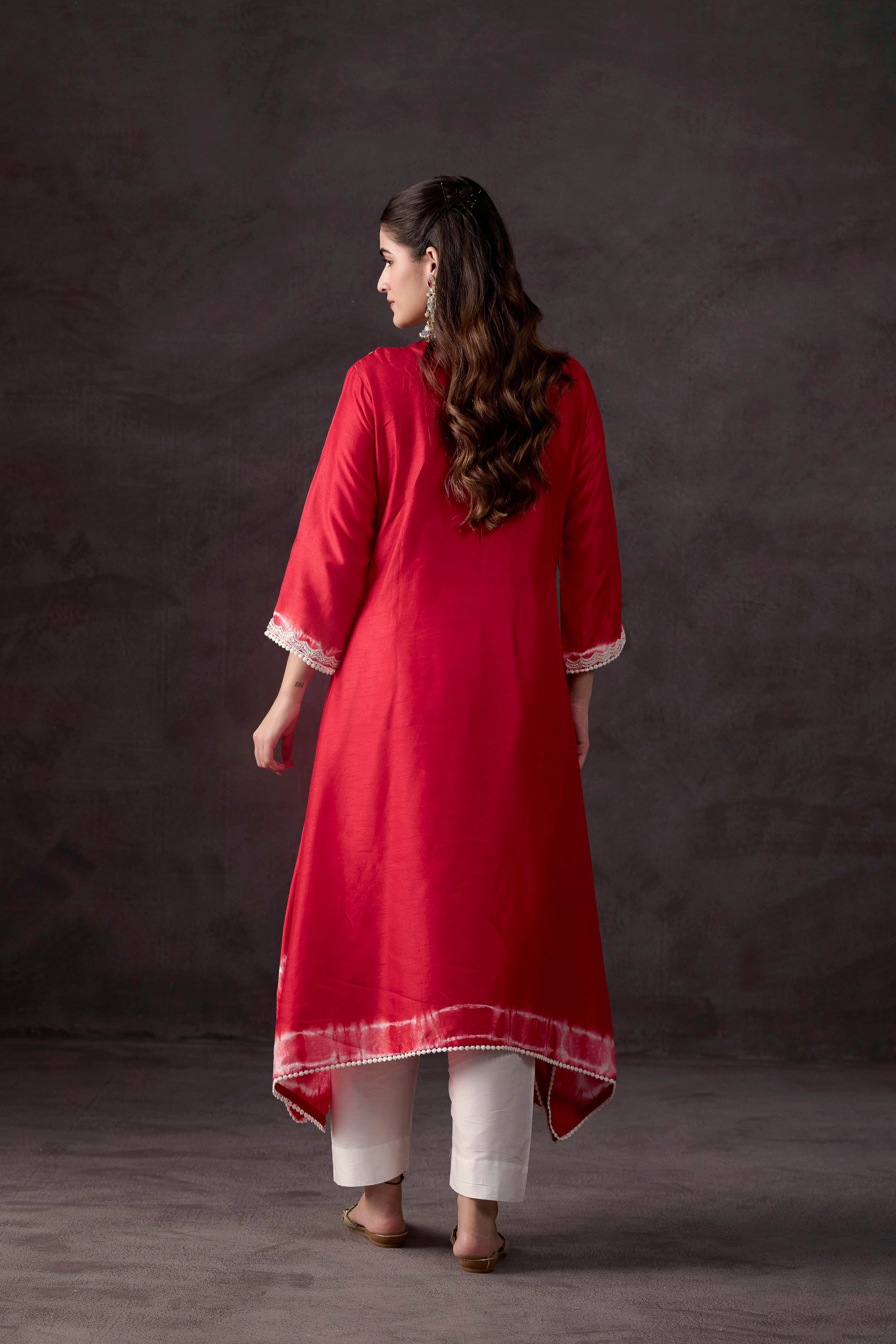 Red Embellished Raw Silk Kurta Set
