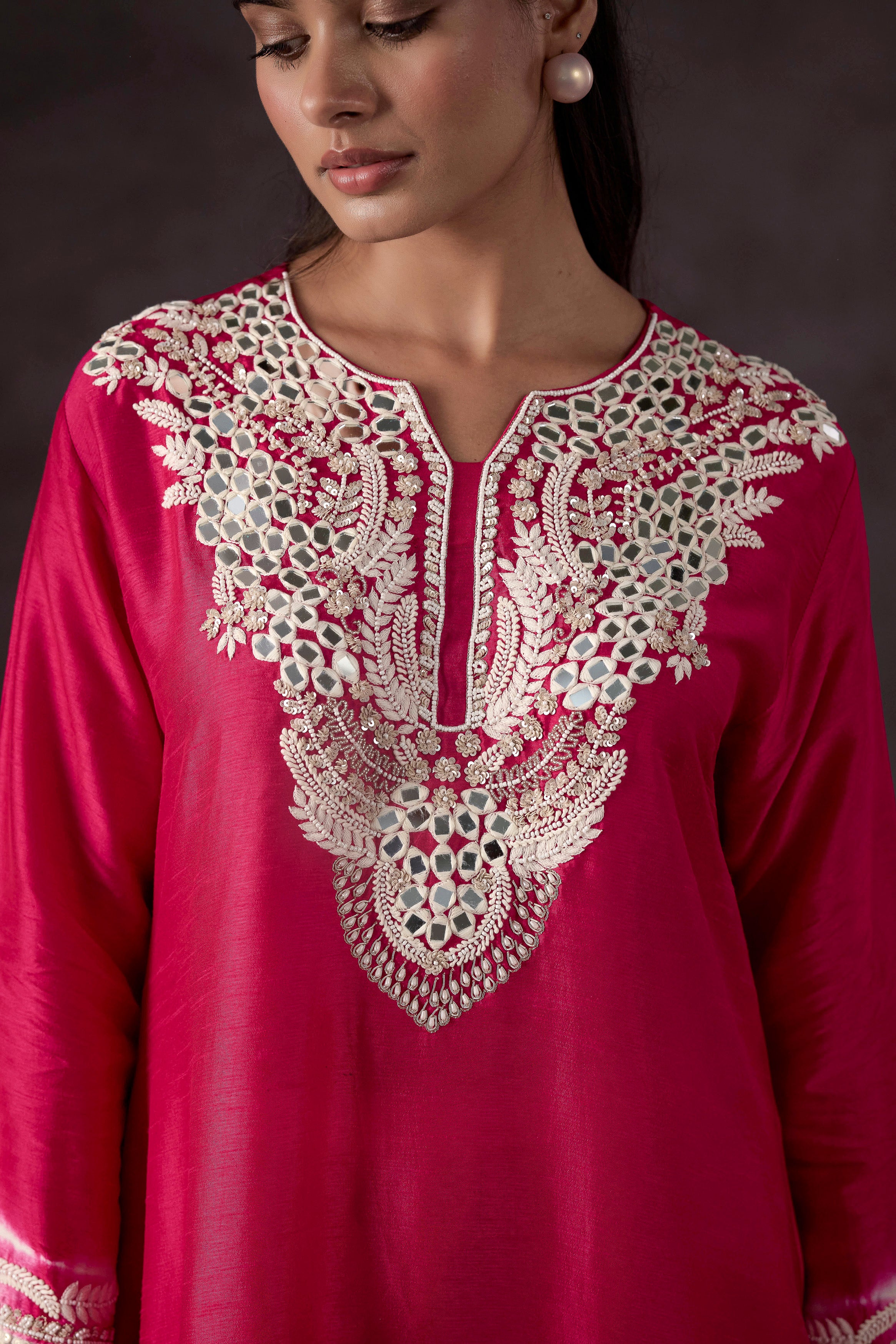 Bright Pink Embellished Raw Silk Kurta Set