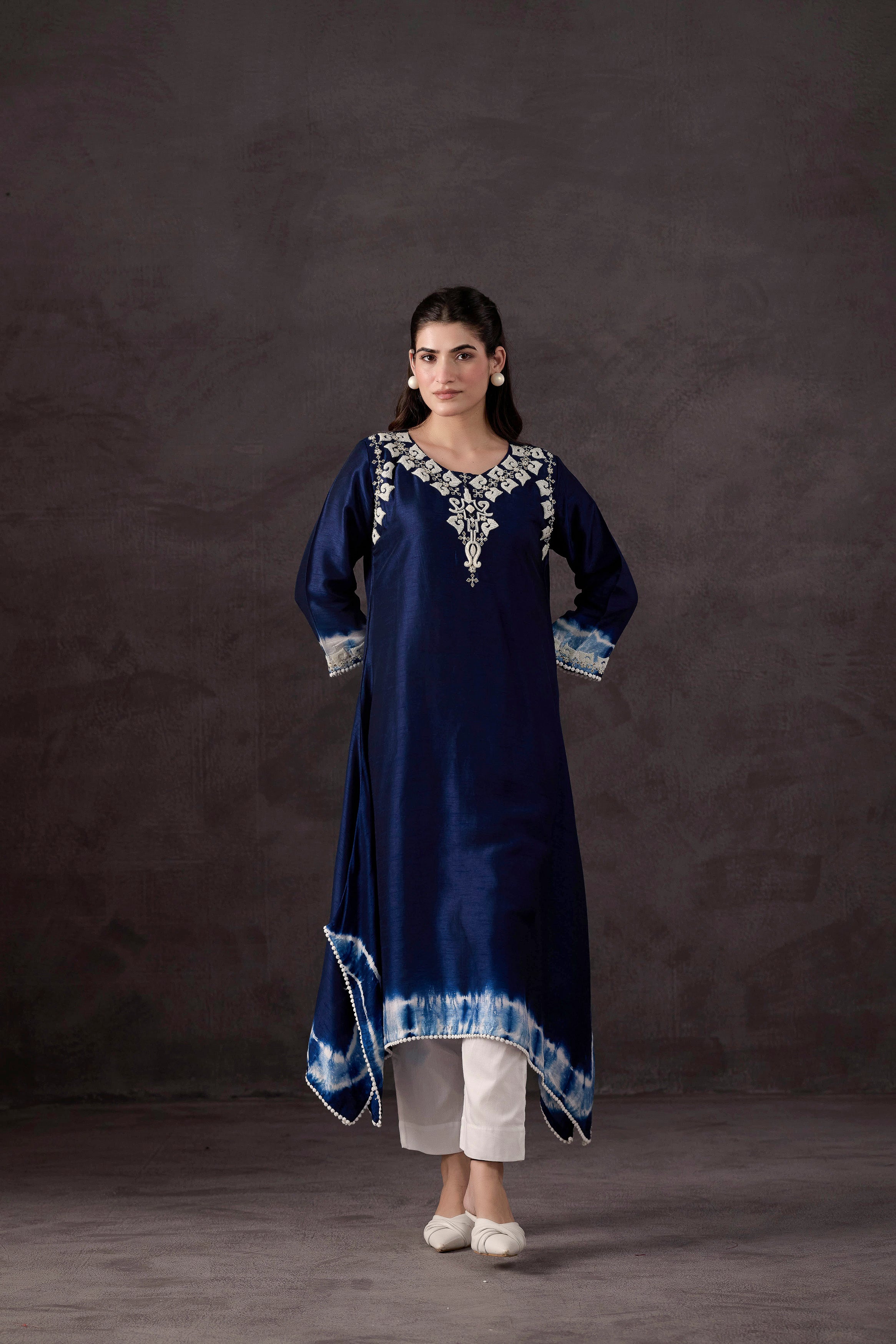 Dark Blue Embellished Raw Silk Kurta Set