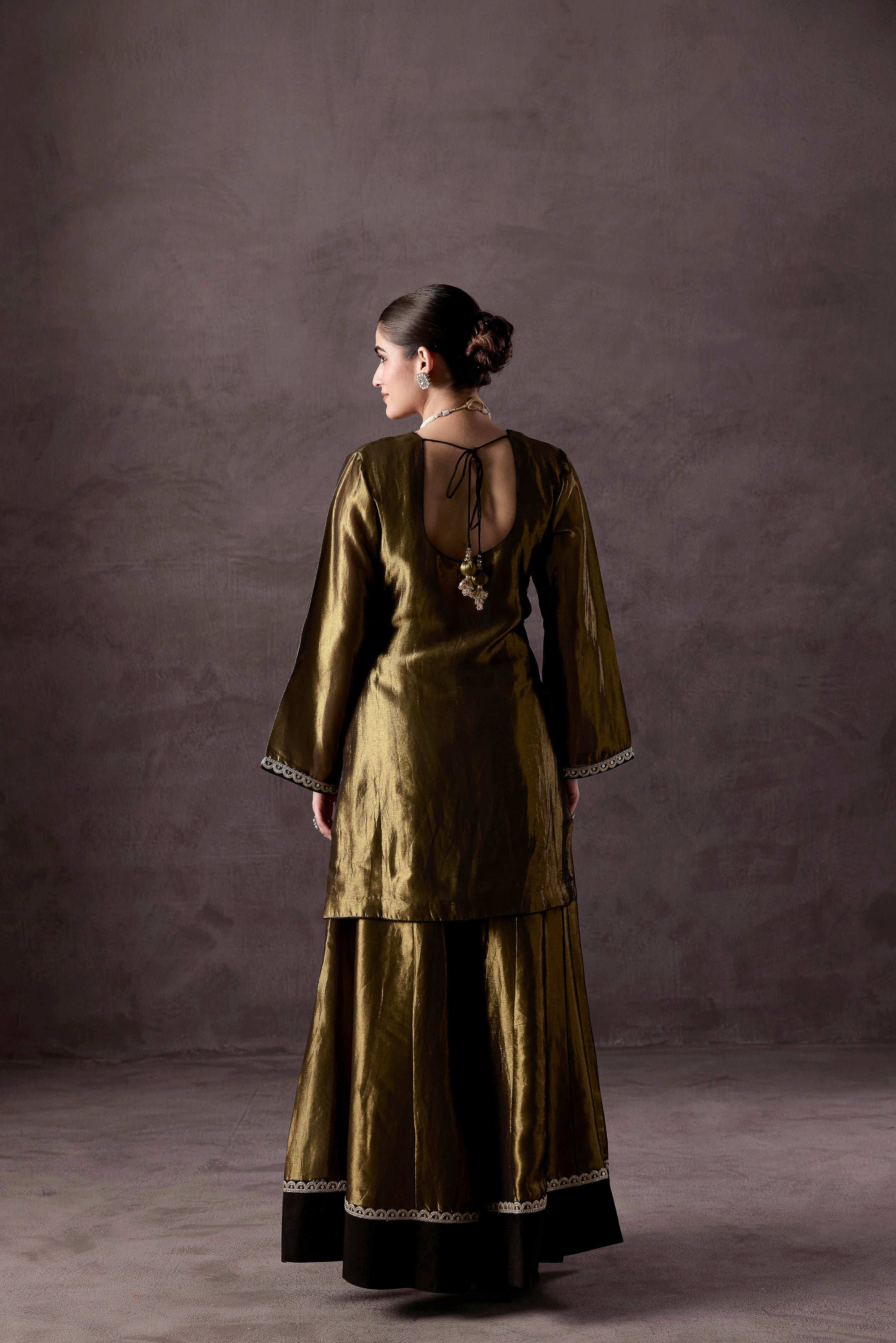 Olive Green Embellished Shimmer Tissue Silk Sharara Set