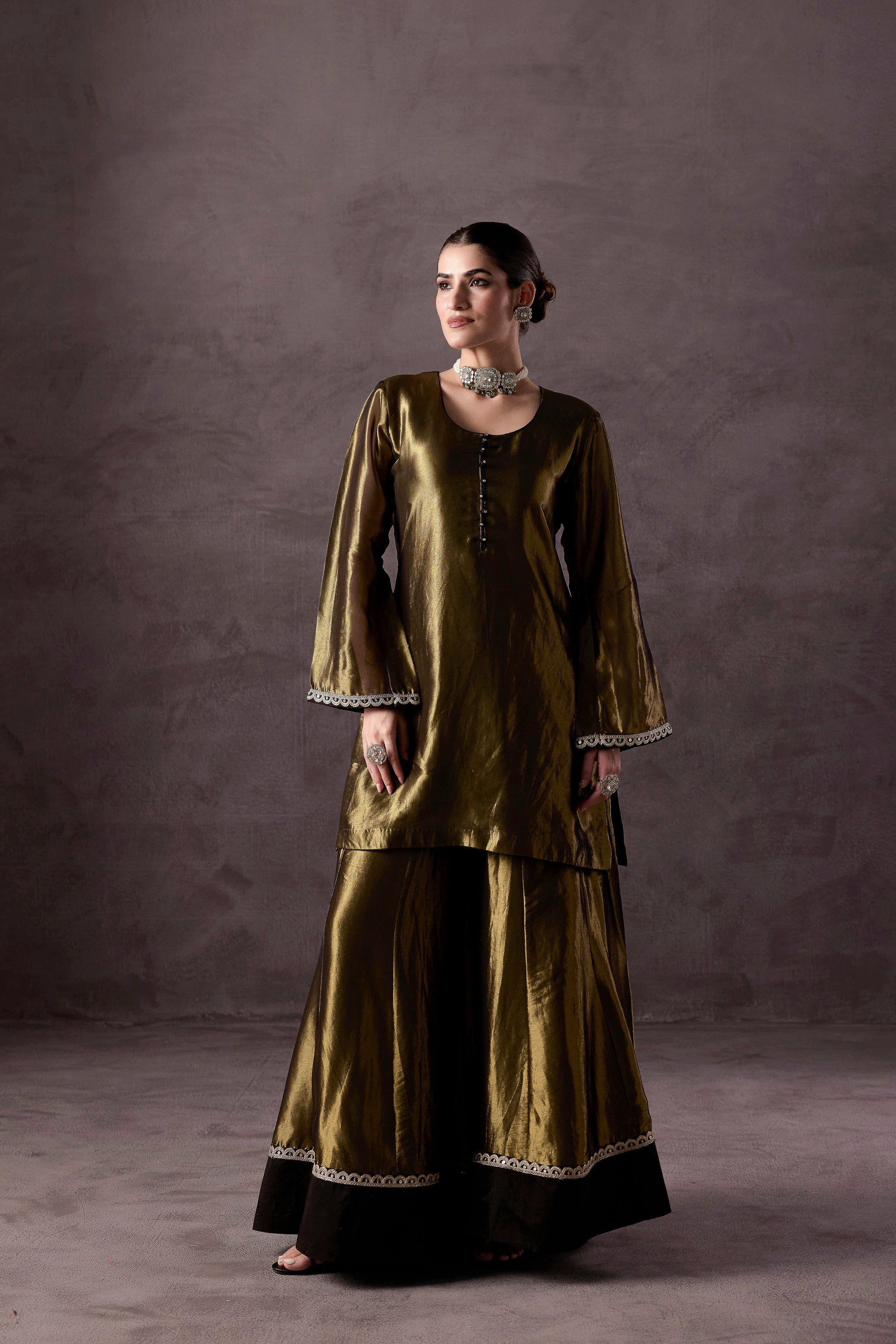 Olive Green Embellished Shimmer Tissue Silk Sharara Set