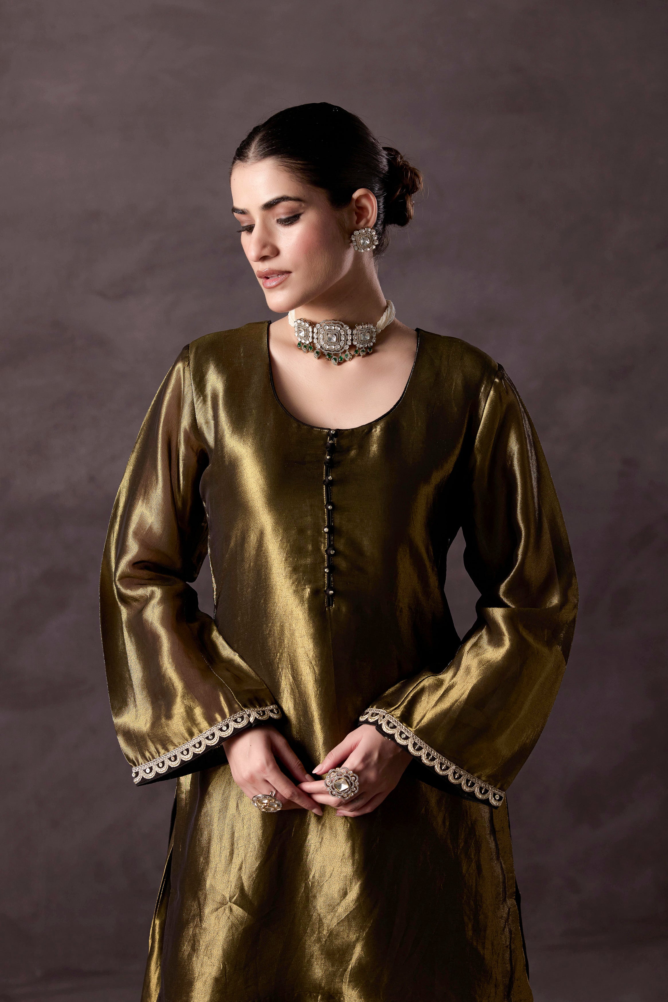 Olive Green Embellished Shimmer Tissue Silk Sharara Set
