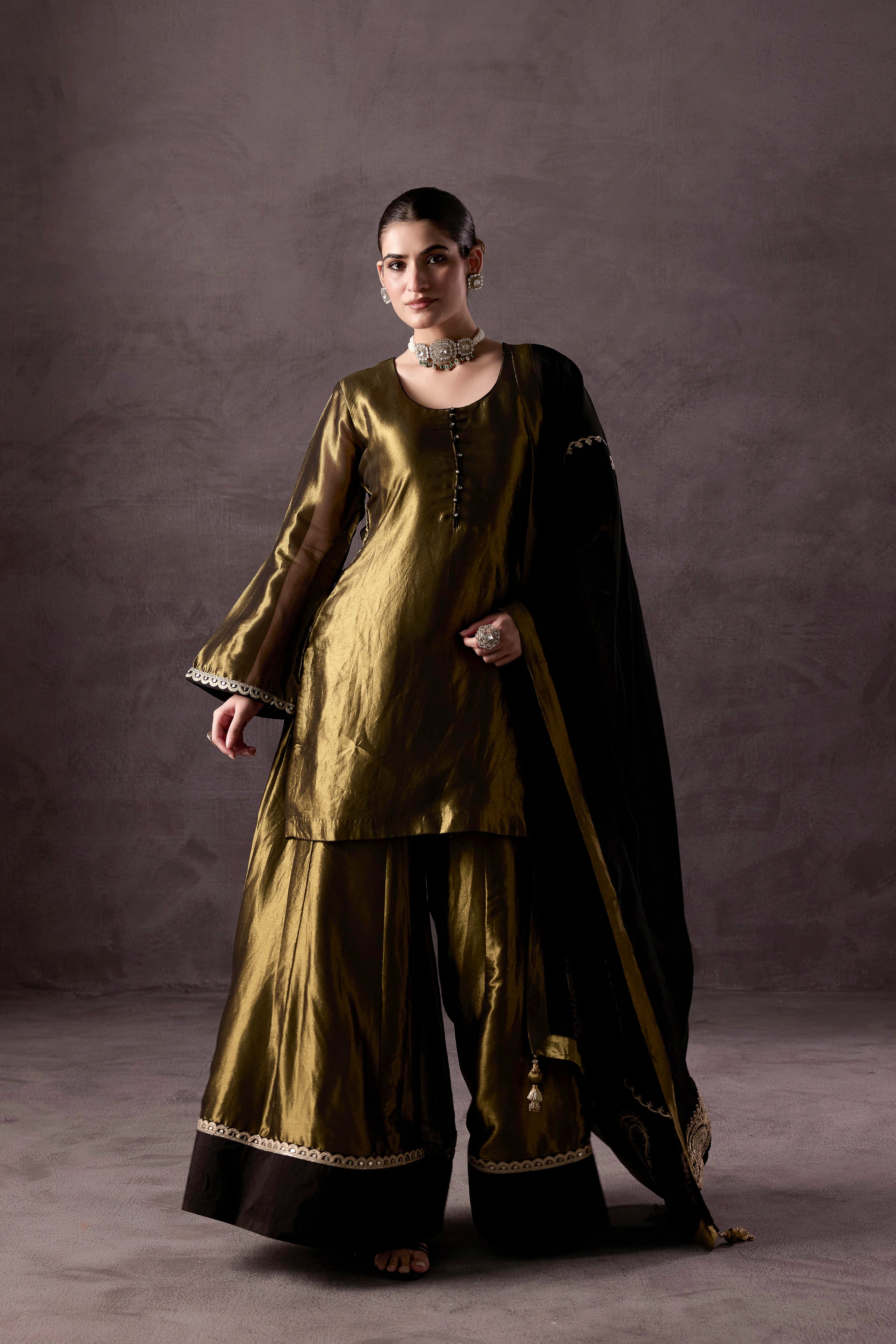 Olive Green Embellished Shimmer Tissue Silk Sharara Set