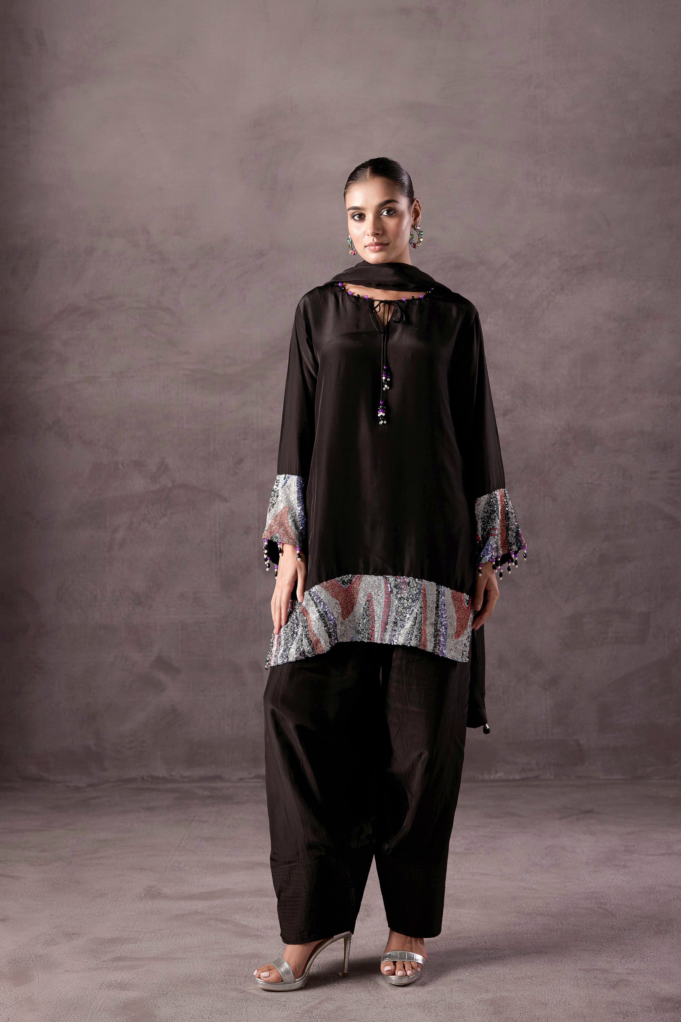 Classic Black Embellished Muslin Silk Dhoti Set