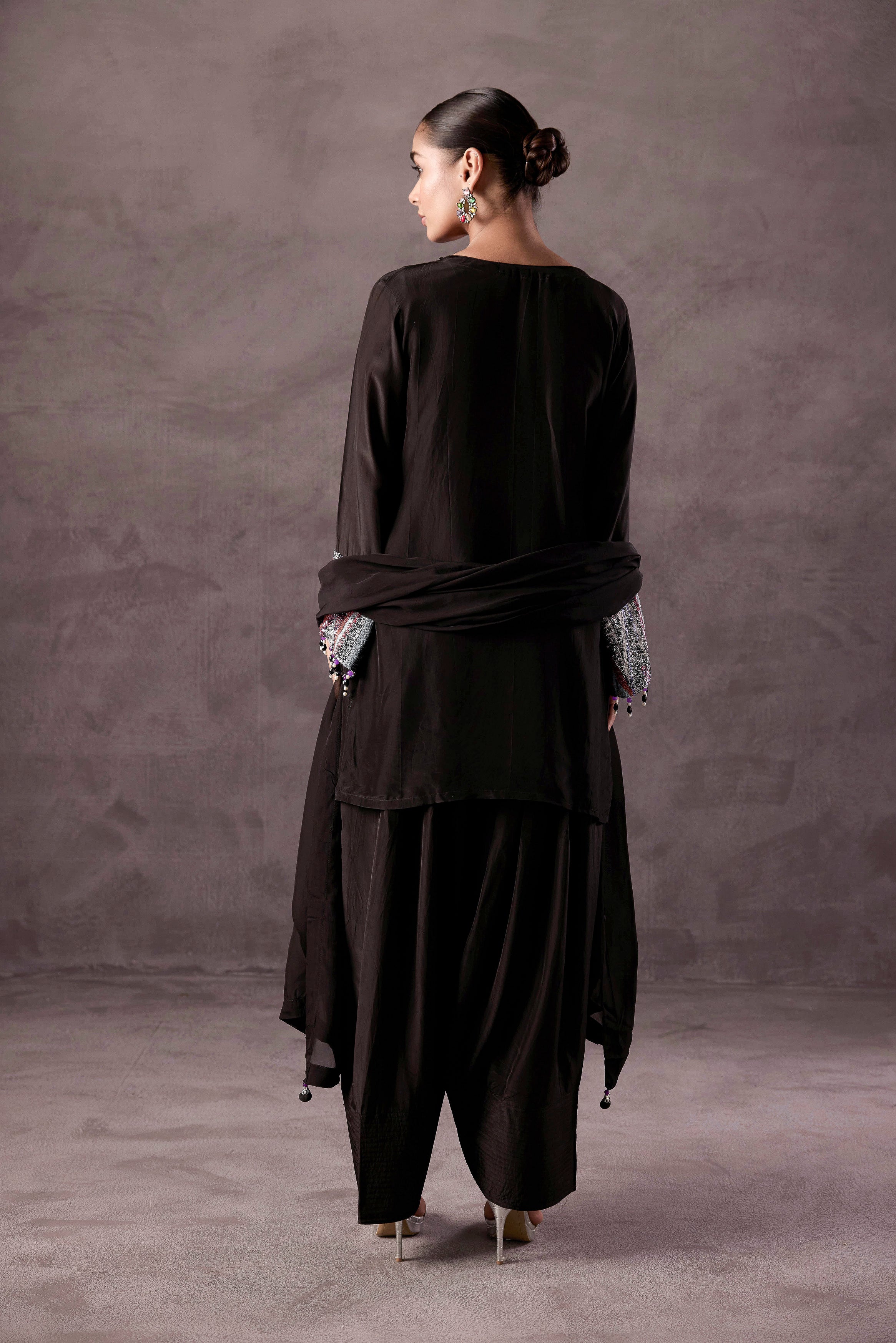 Classic Black Embellished Muslin Silk Dhoti Set