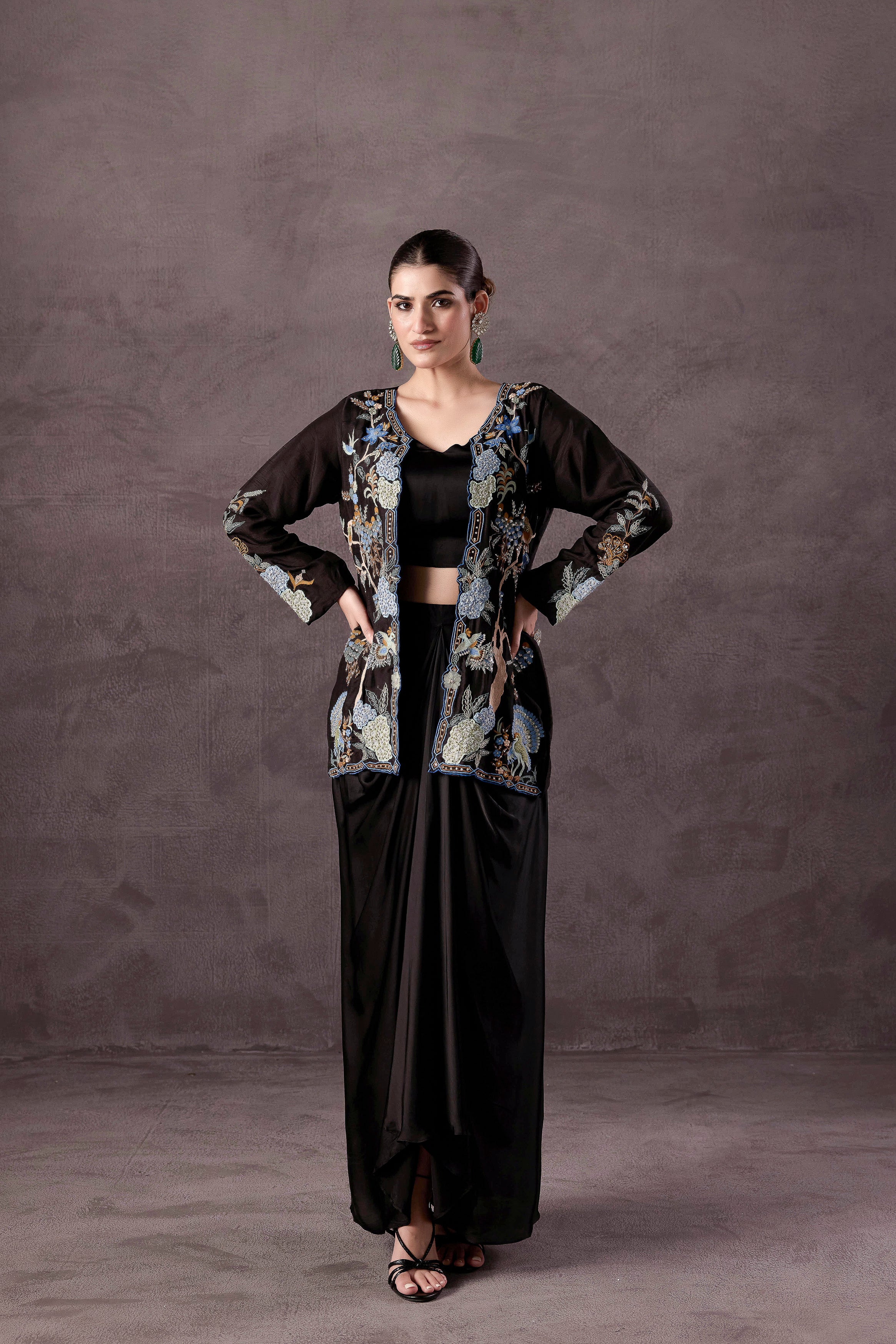 Deep Black Embellished Crepe Silk Drape Skirt Set