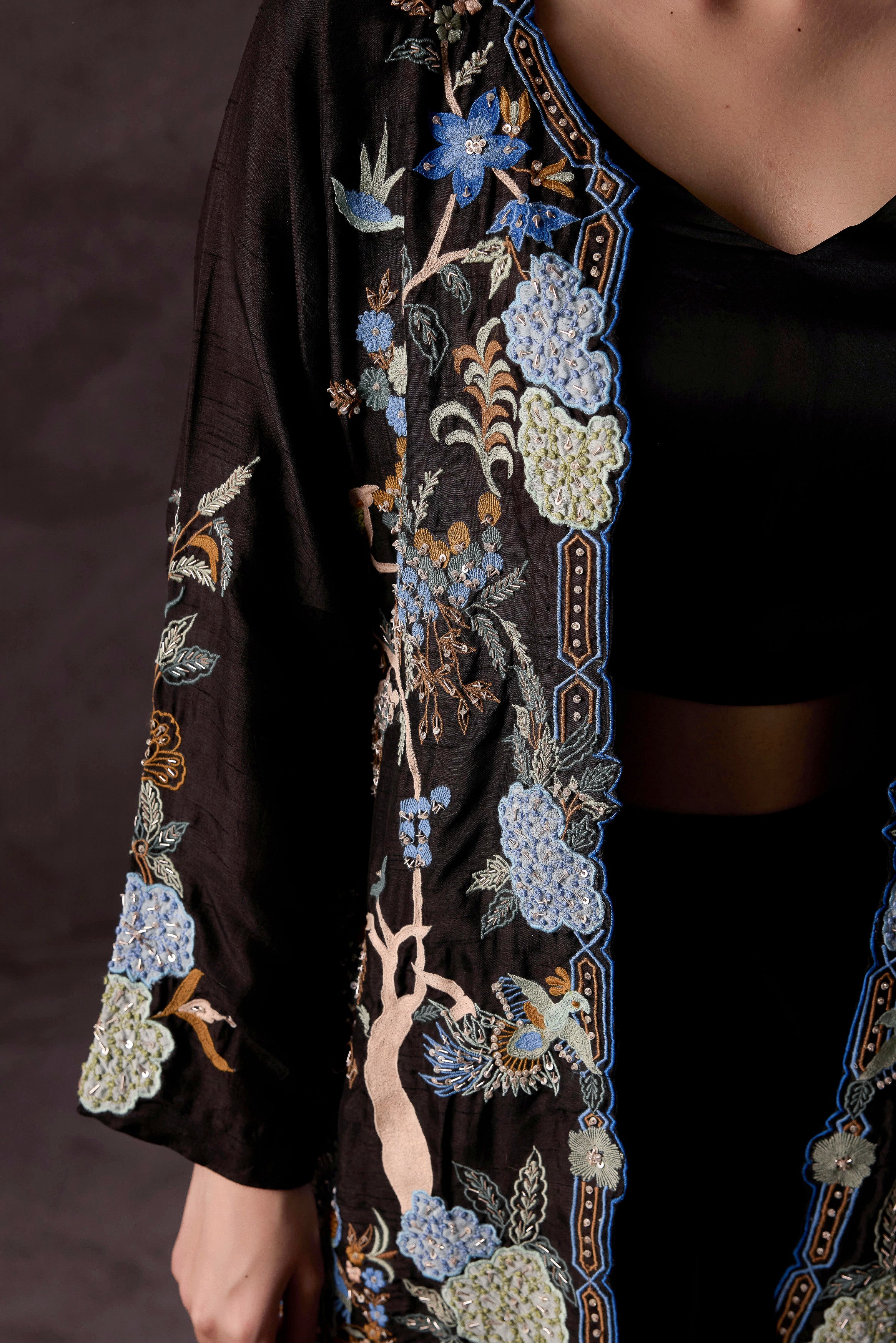Deep Black Embellished Crepe Silk Drape Skirt Set
