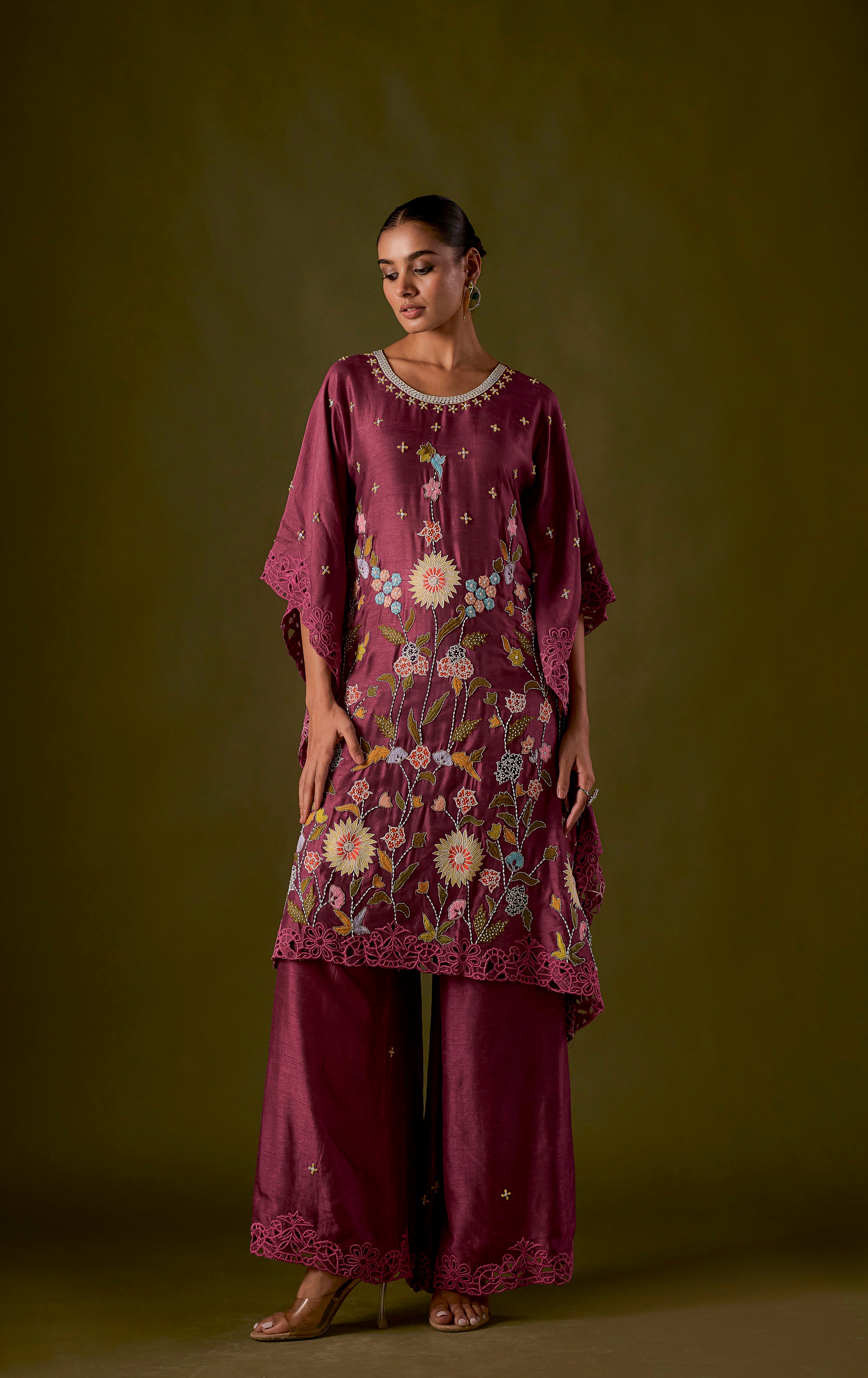 Pastel Purple Embellished Raw Silk Kaftan Pant Set