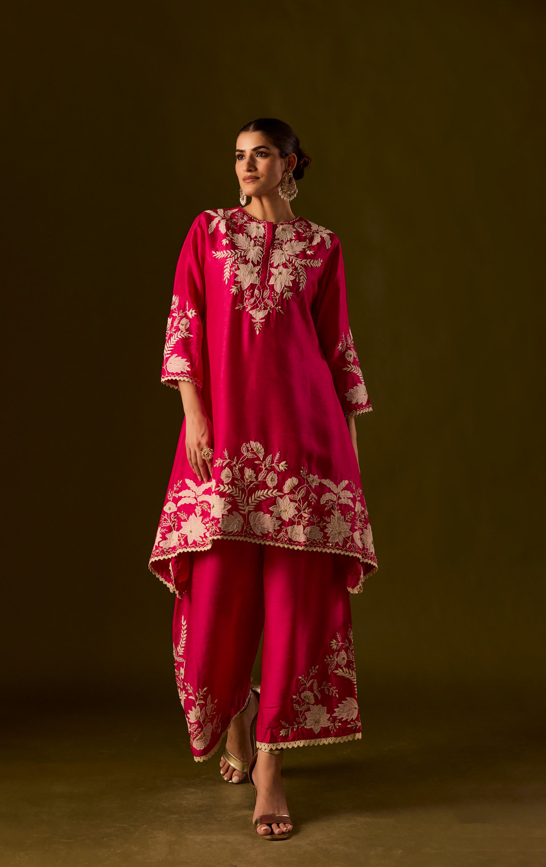 Rani pink Embroidered Raw Silk Co-Ord Set