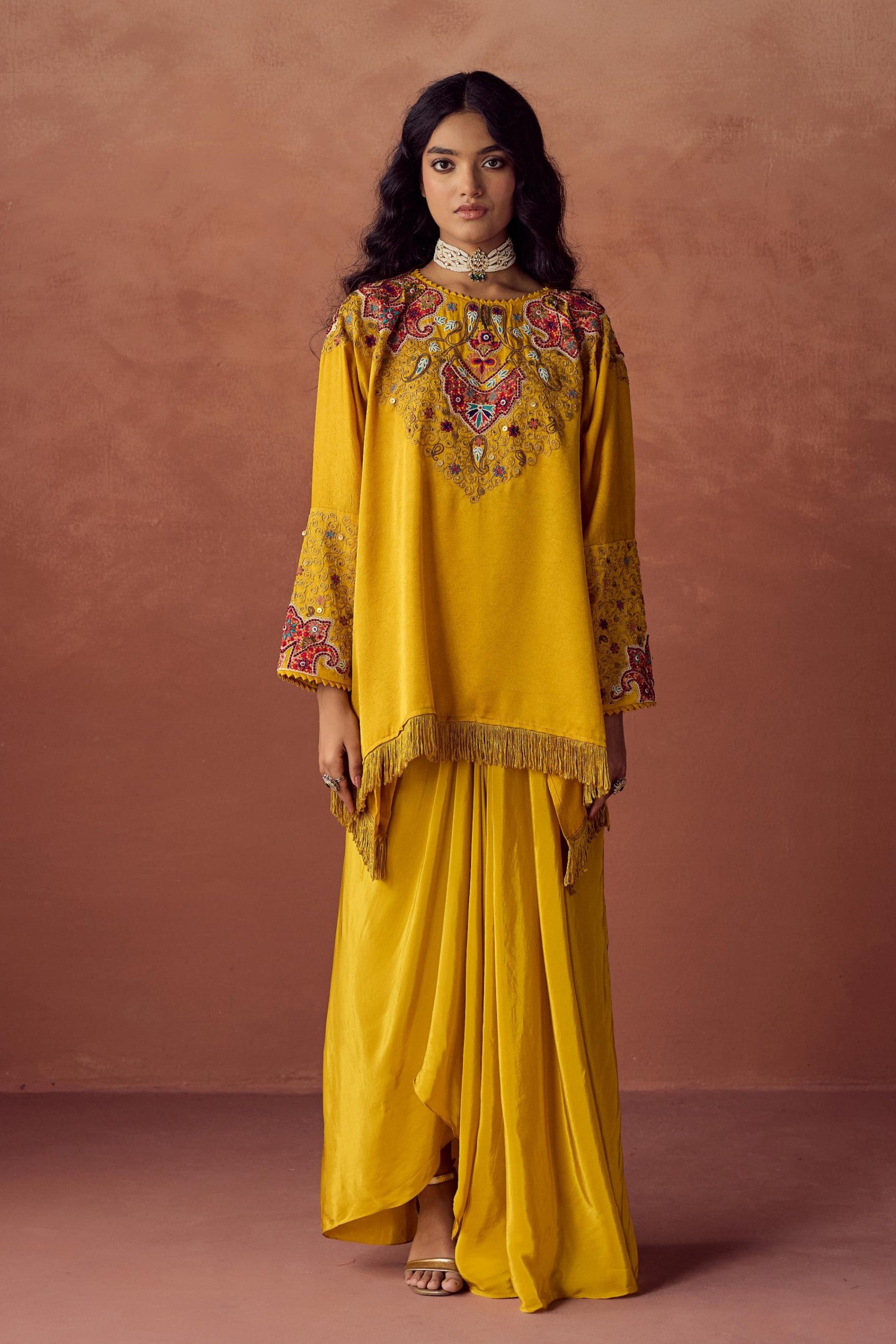 Sunlit Mustard Embellished Satin Silk Skirt Set