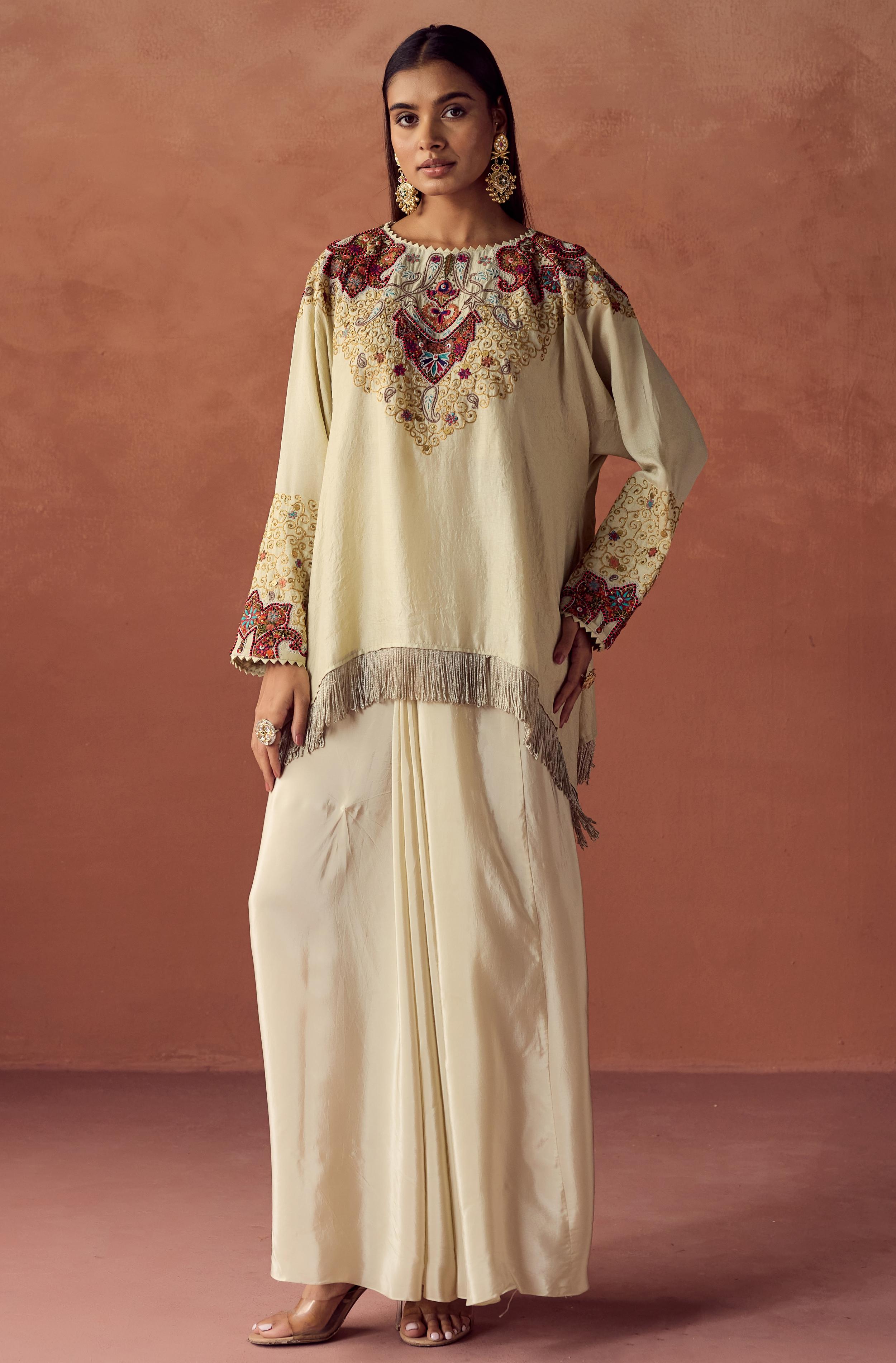 Champagne Cream Embellished Satin Silk Skirt Set
