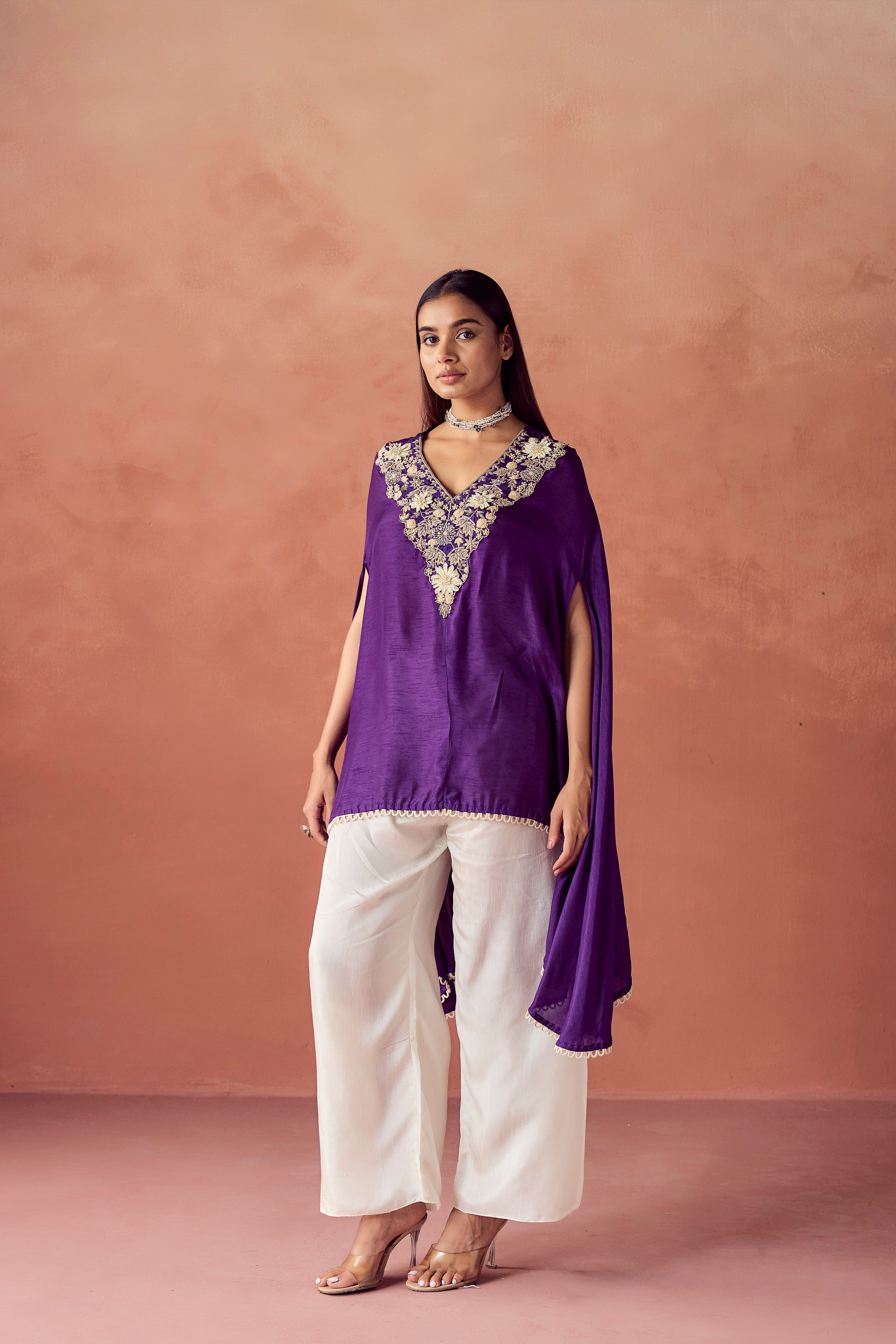 Deep Purple Embellished Raw Silk Co-Ord Set