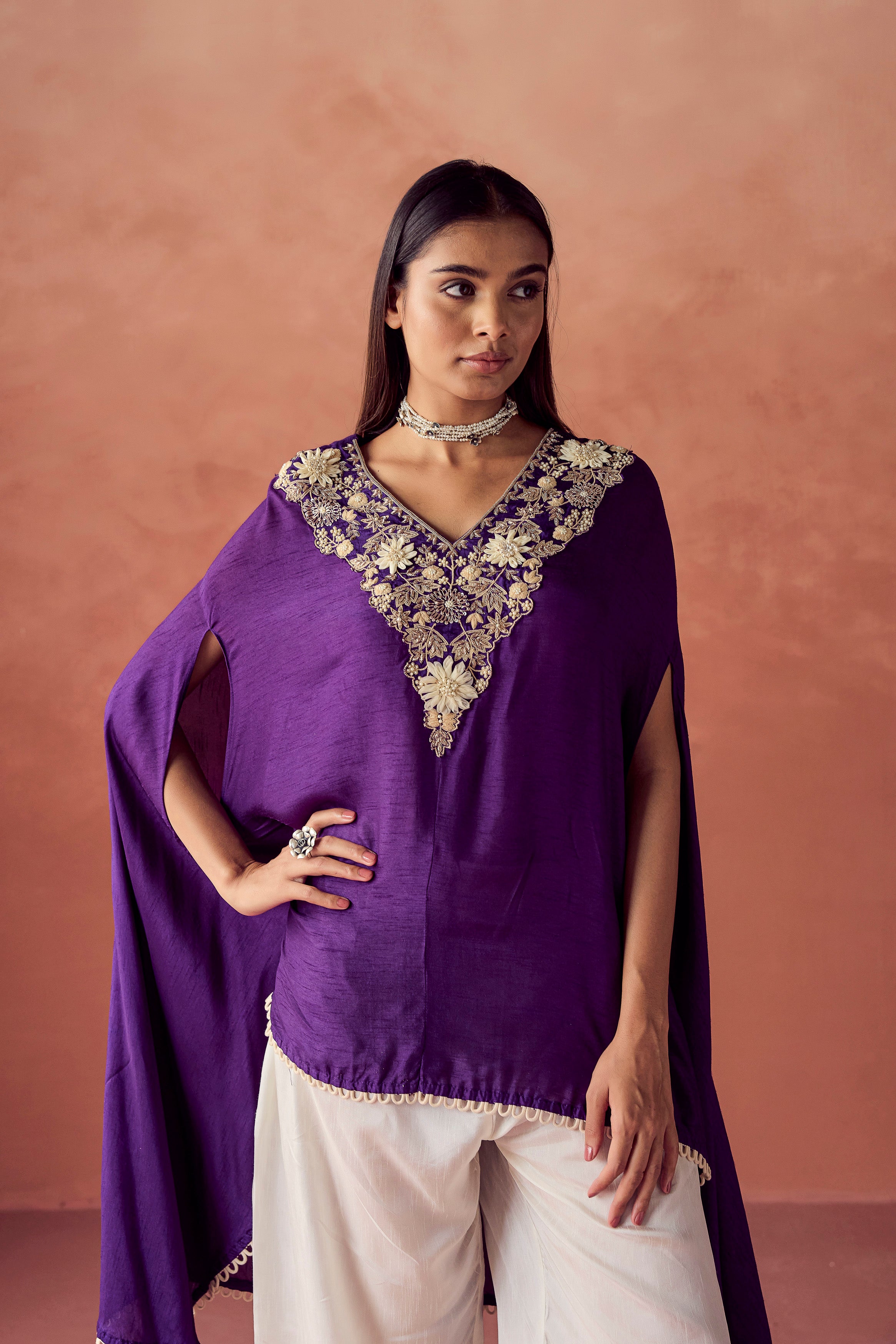 Deep Purple Embellished Raw Silk Co-Ord Set