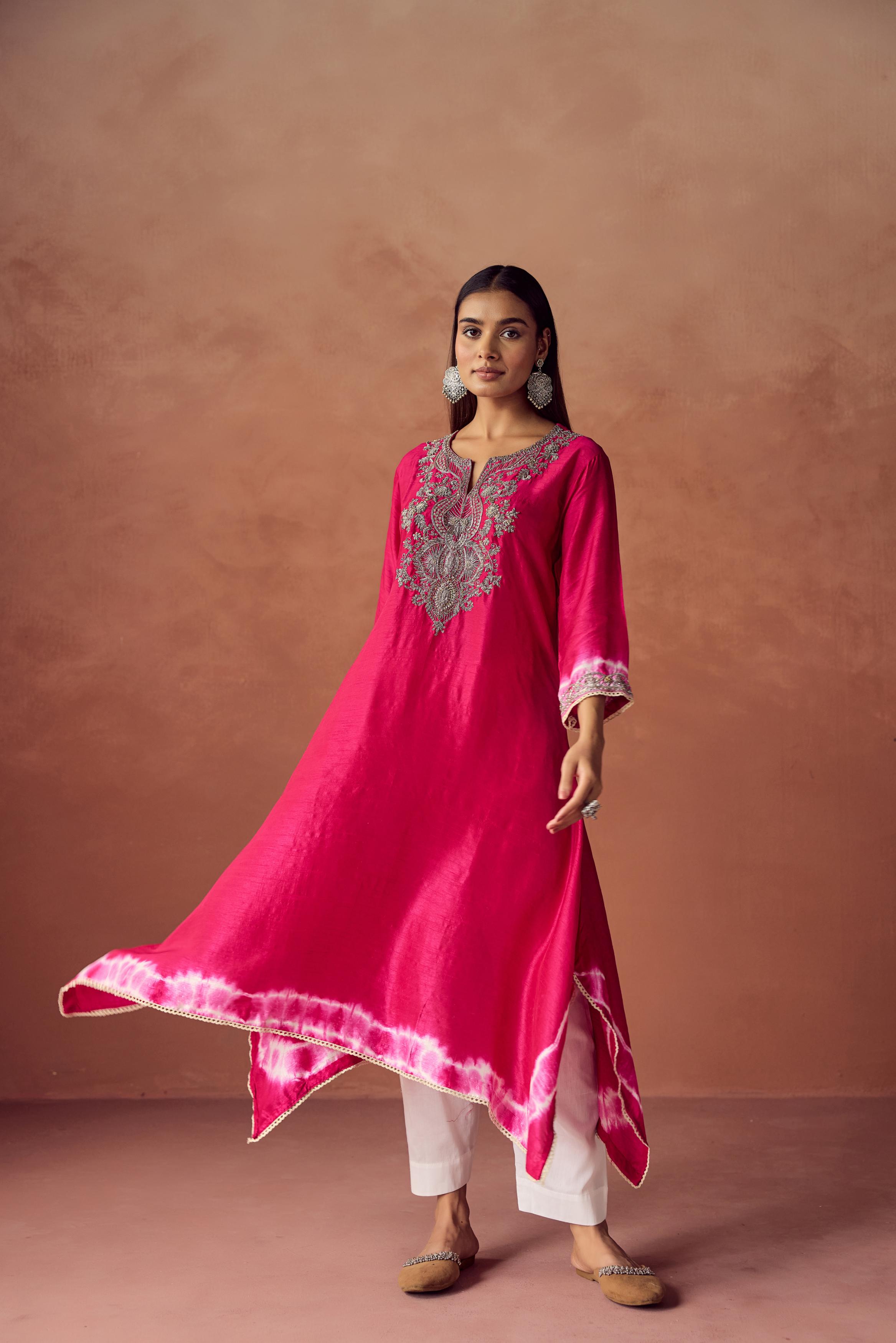 Bright Pink Embellished Raw Silk Kurta Set