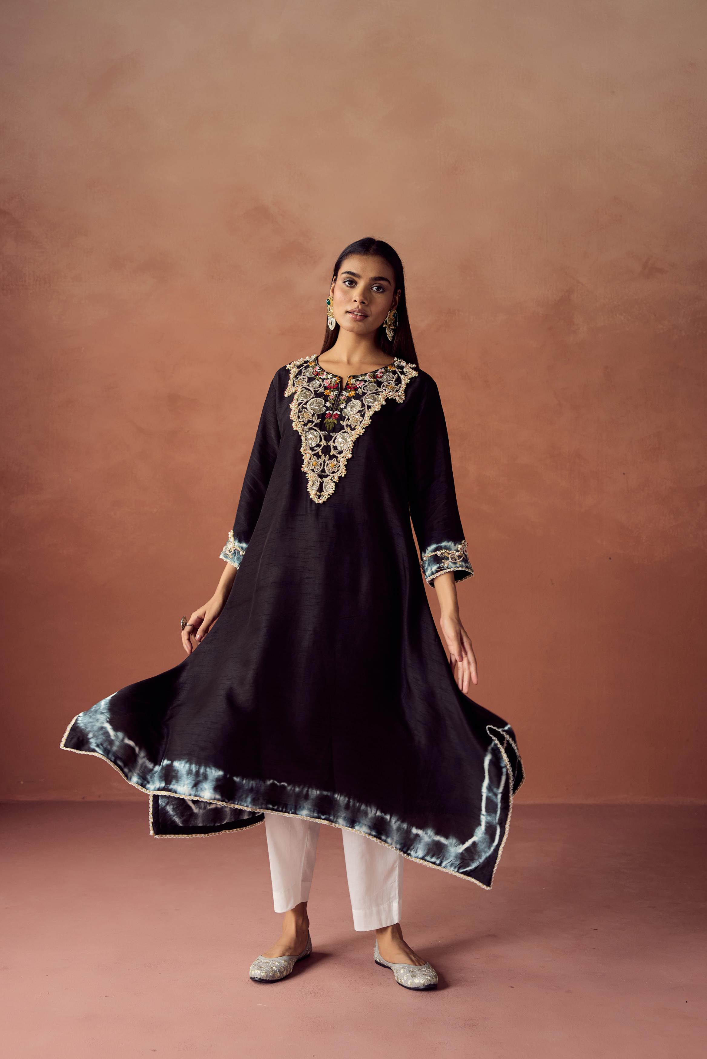 Black Embellished Raw Silk Kurta Set