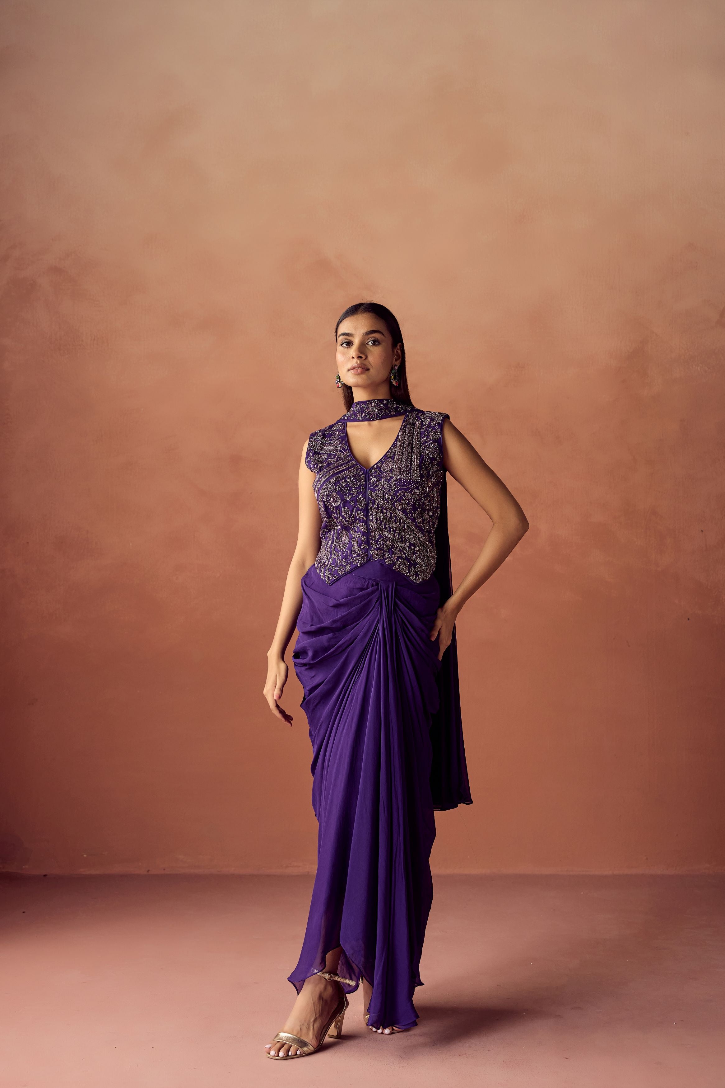 Dark Purple Embellished Organza Silk Skirt Set