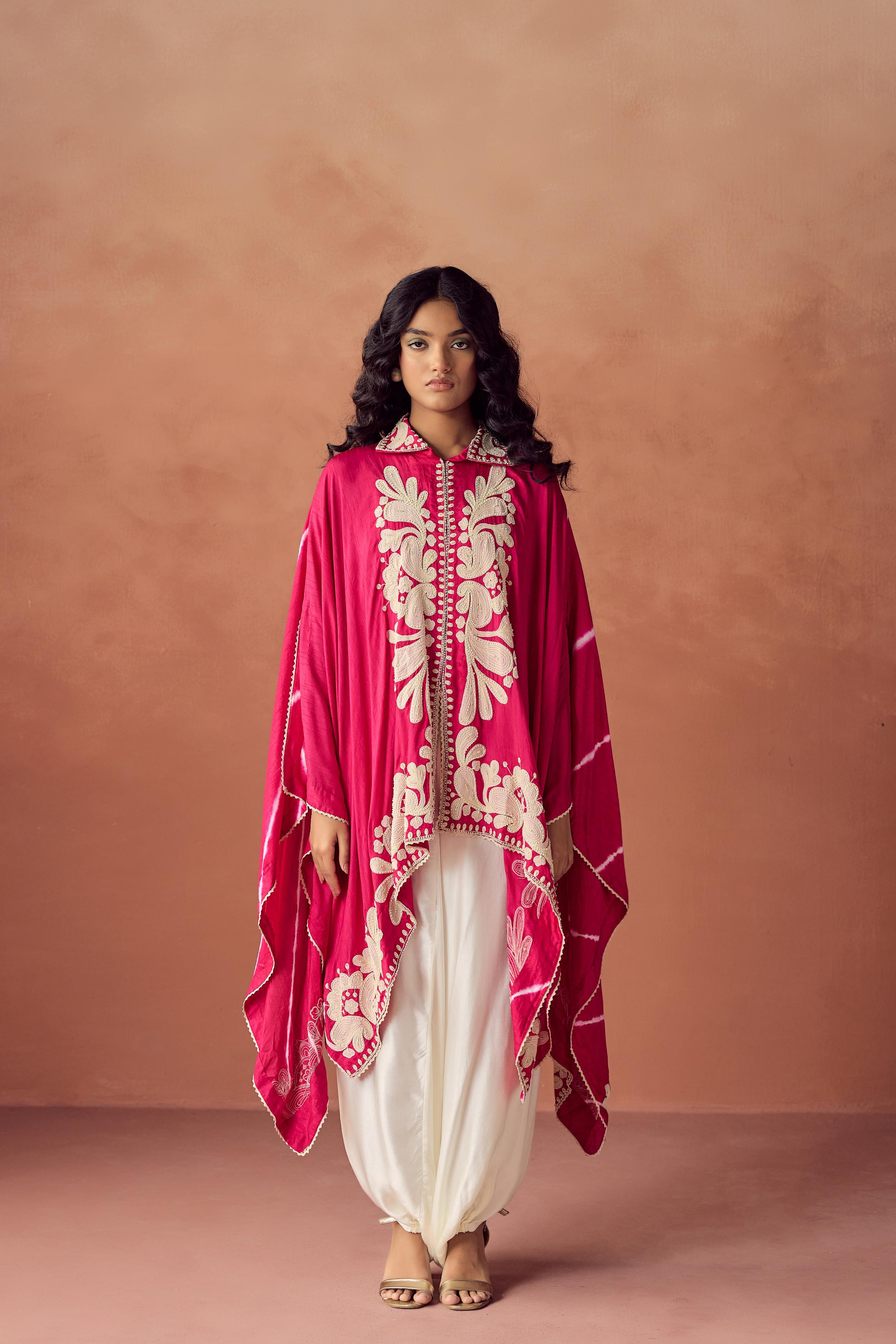 Rani Pink Embroidered Raw Silk Kaftan Set
