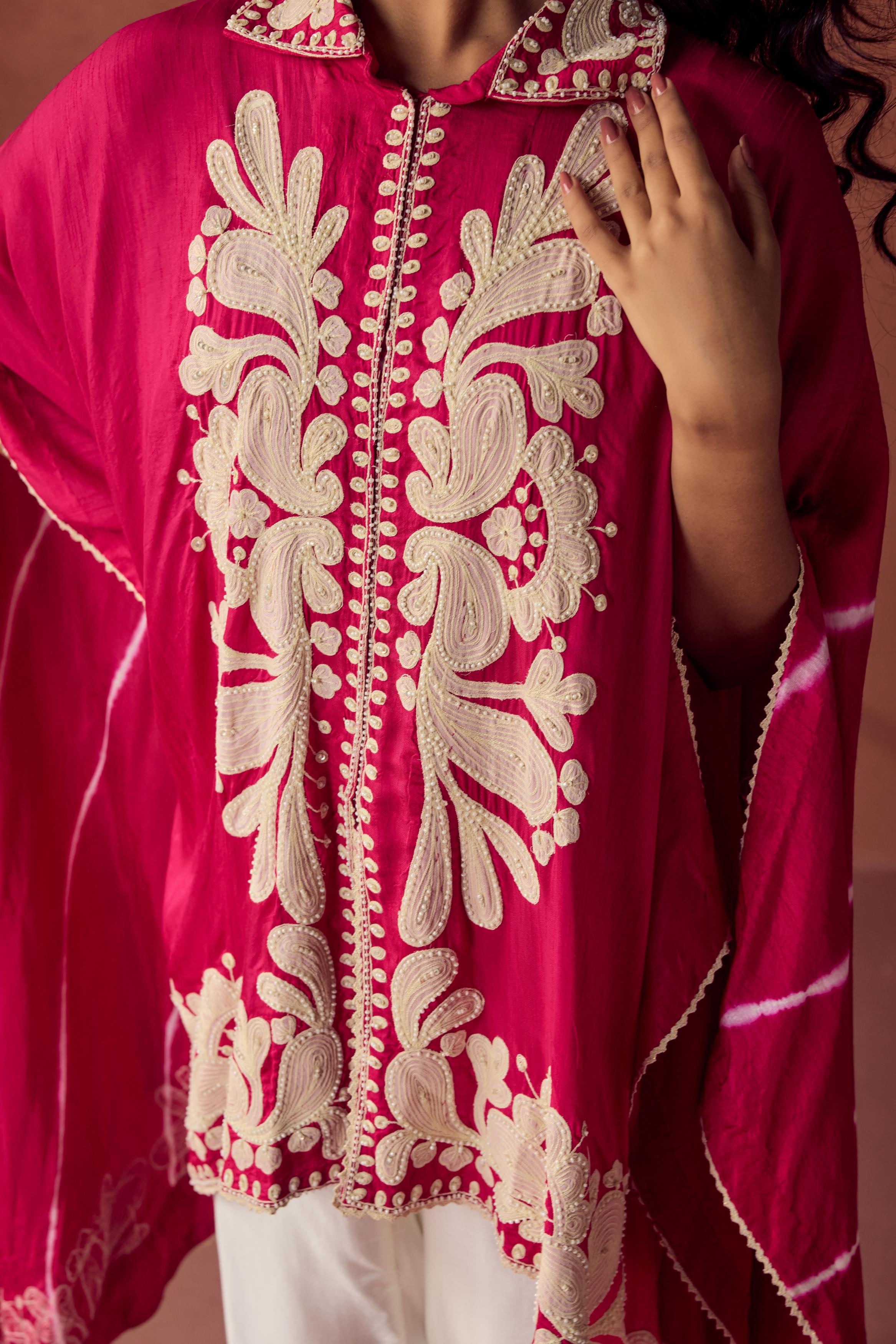 Rani Pink Embroidered Raw Silk Kaftan Set