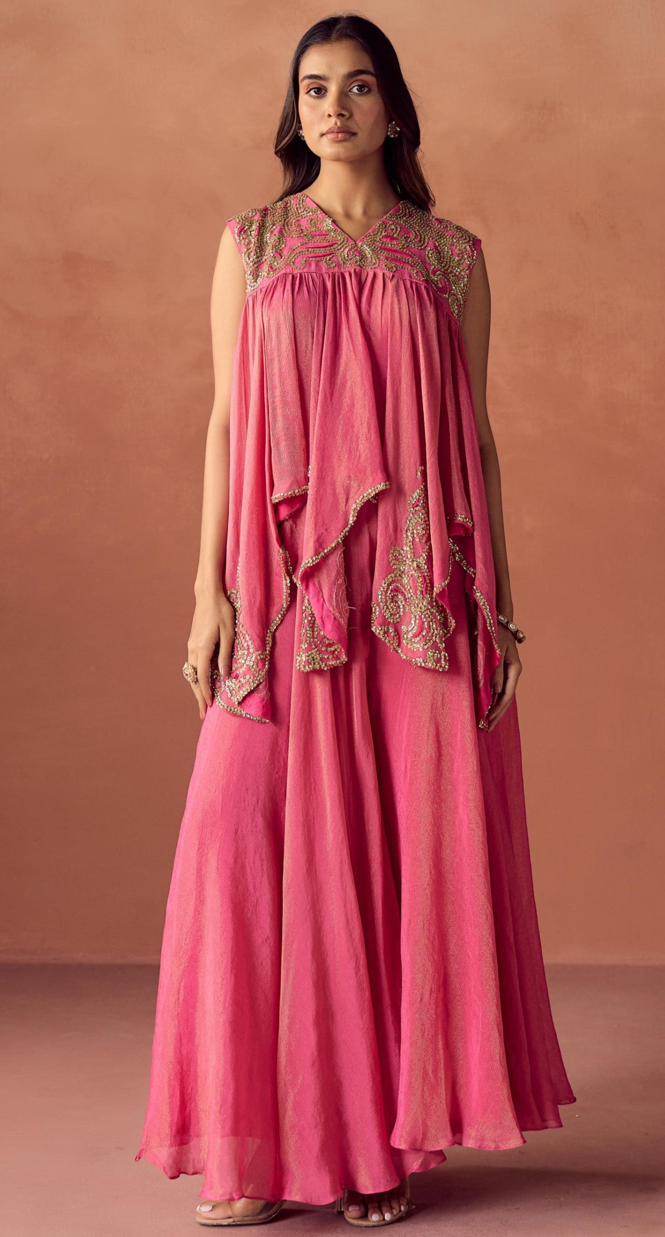 Blush Glimmer Embellished Shimmer Tissue Silk Tunic Set