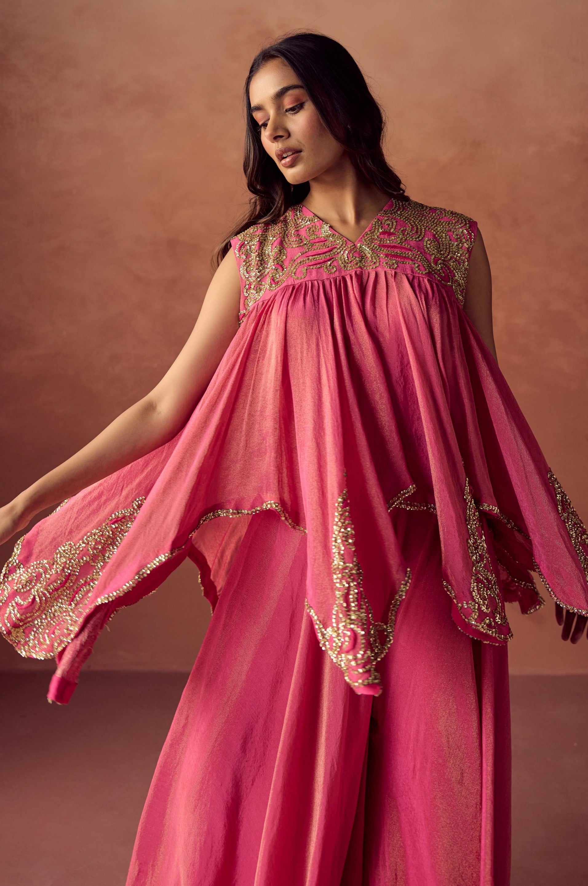 Blush Glimmer Embellished Shimmer Tissue Silk Tunic Set