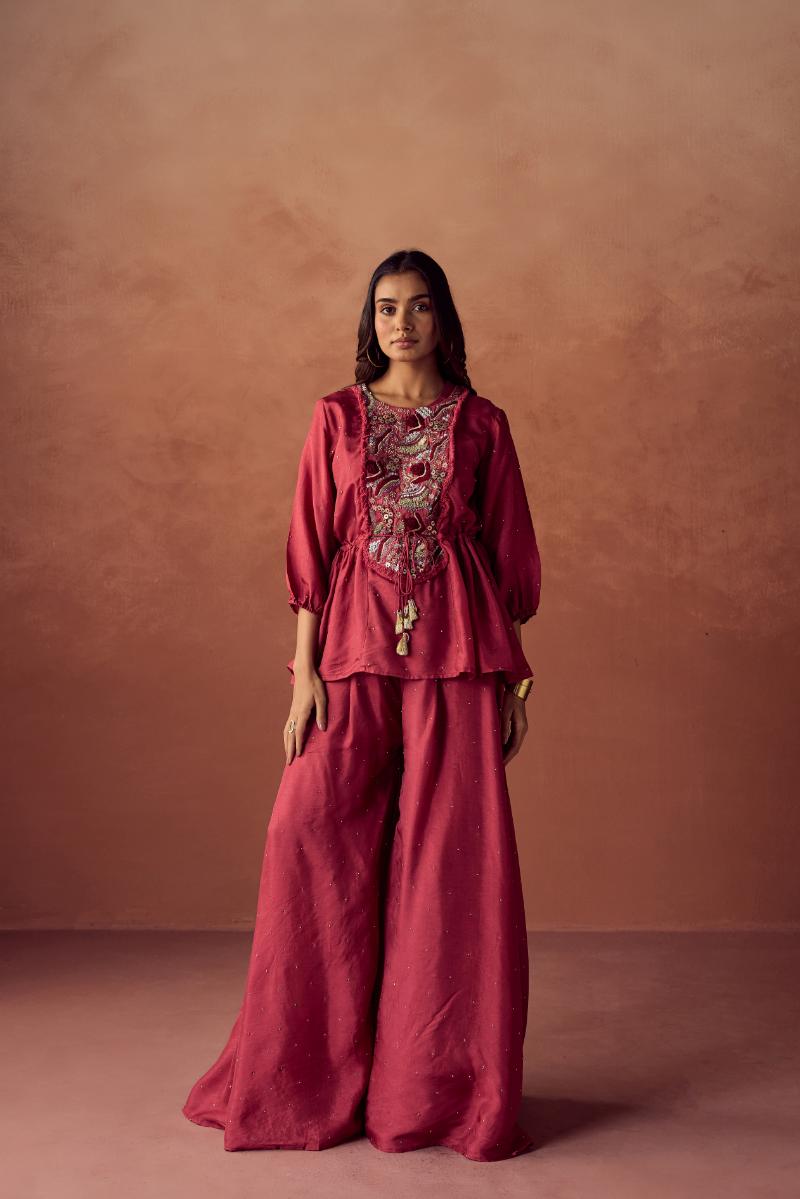 Rust Red Embroidered Premium Silk Palazzo Set