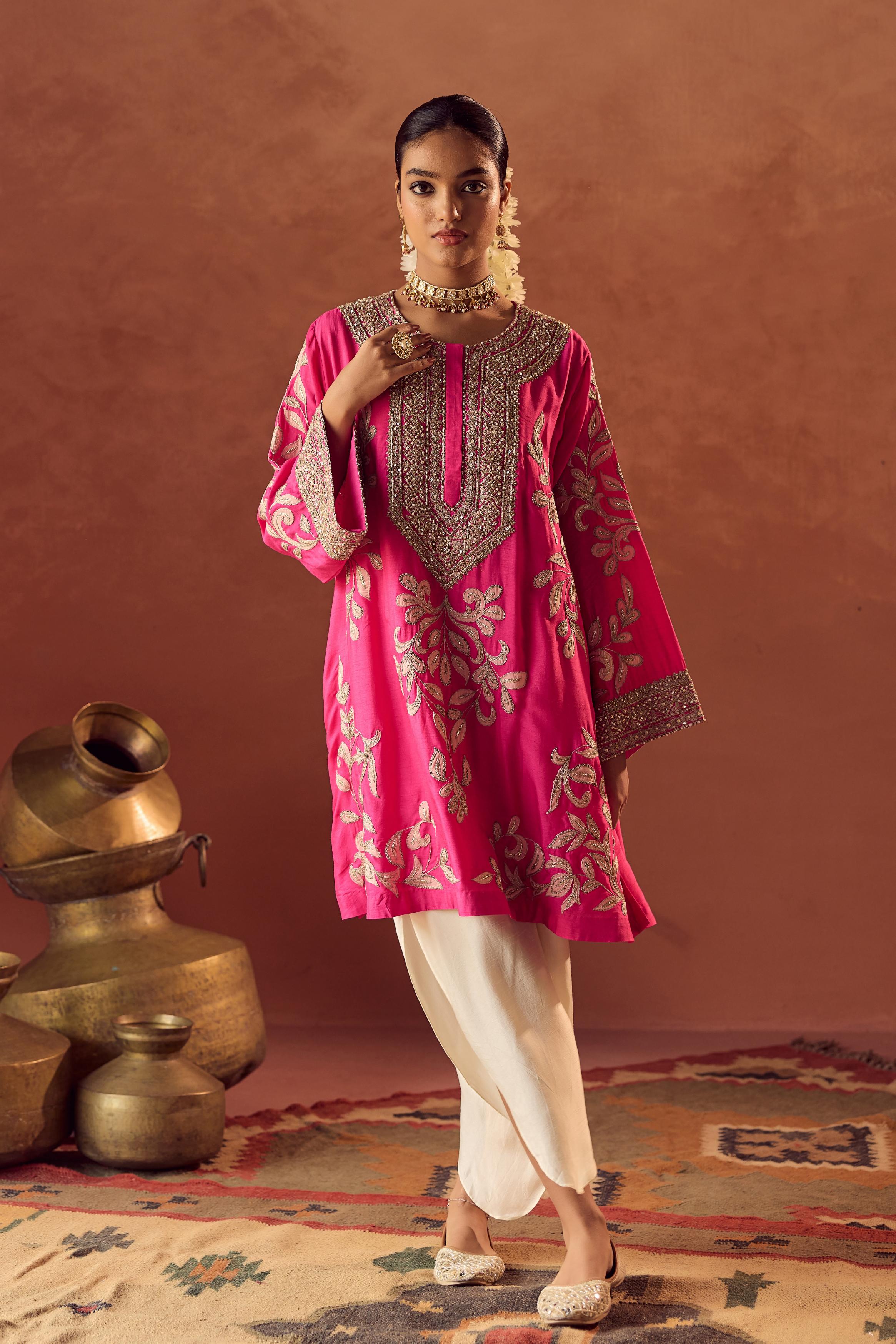 Flamingo Pink Embellished Raw Silk Dhoti Set