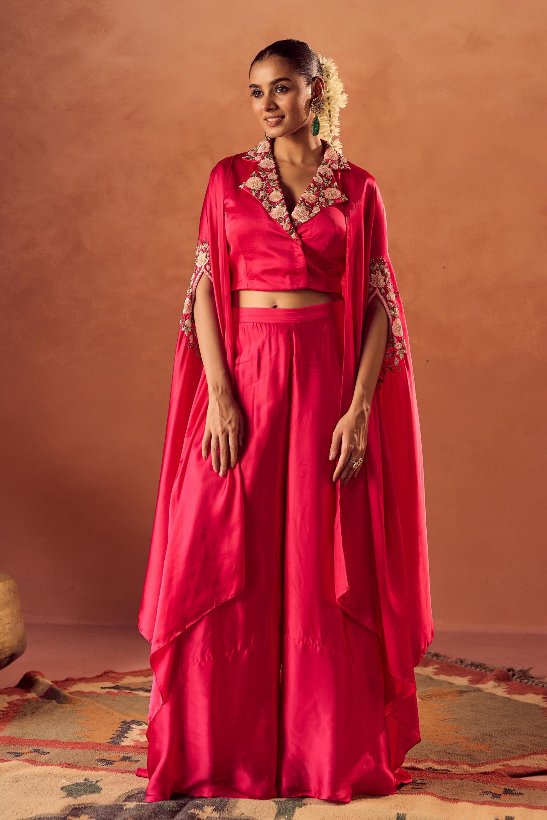 Berry Glow Embellished Satin Silk Cape Set