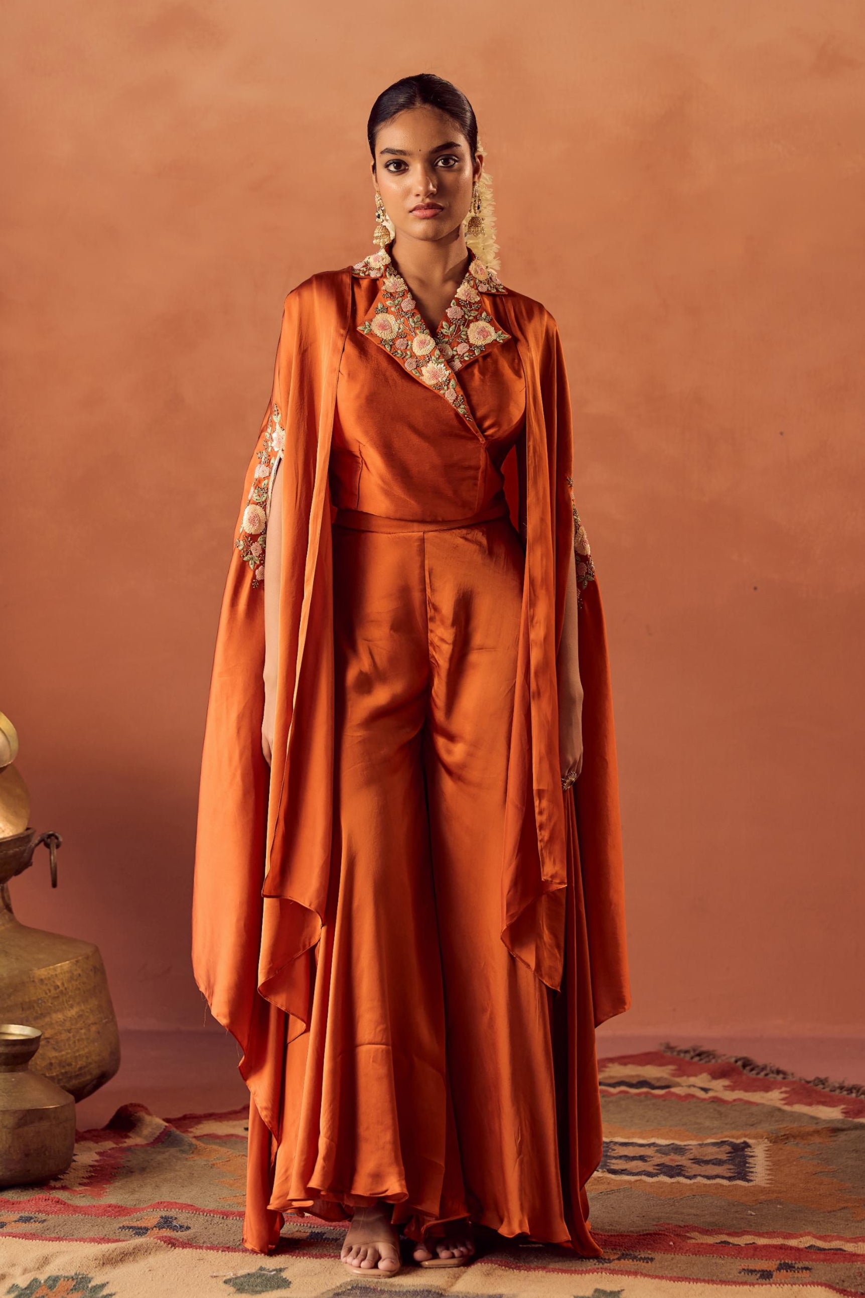 Saffron Glow Embellished Satin Silk Cape Set