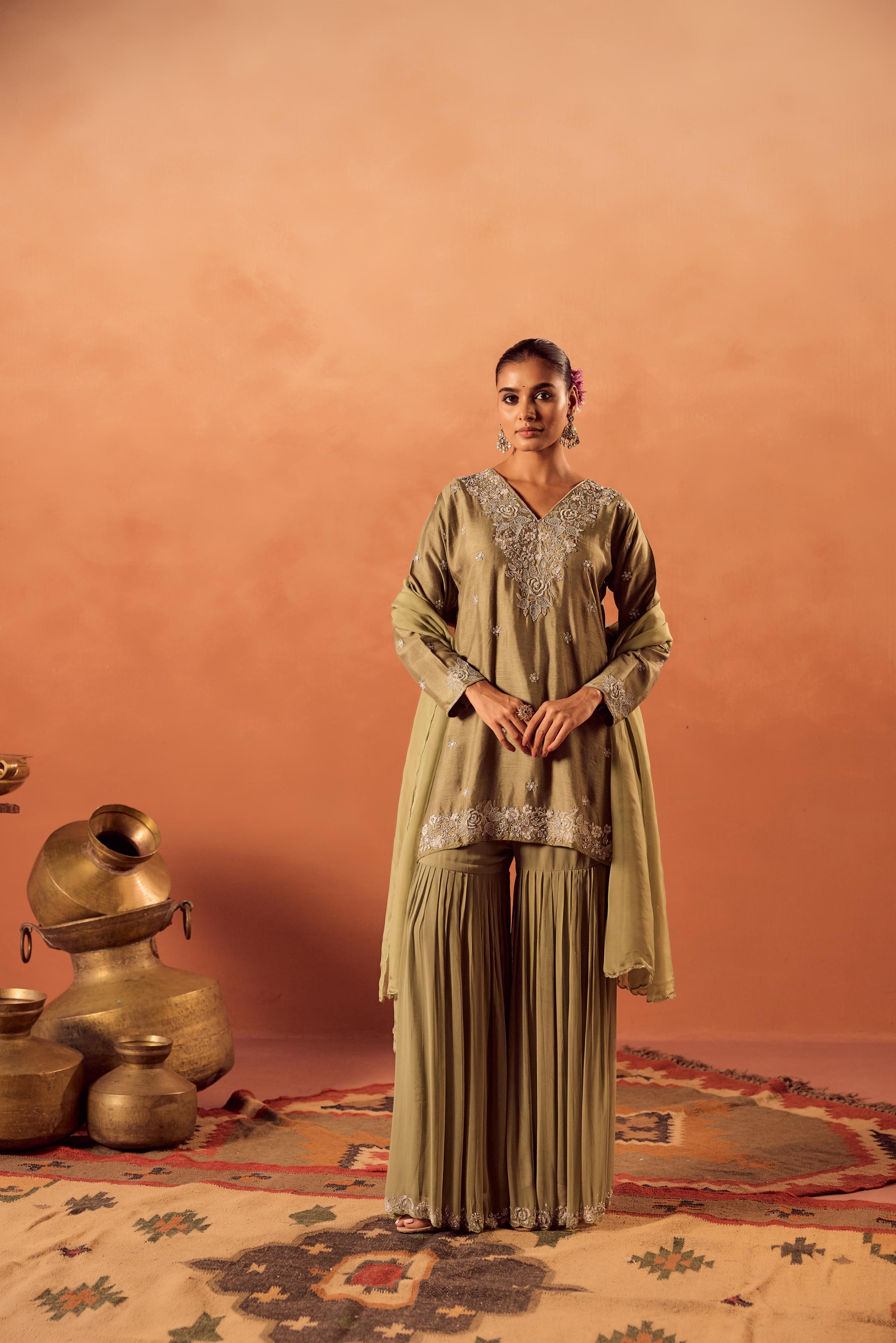Pista Glow Embellished Raw Silk Sharara Set
