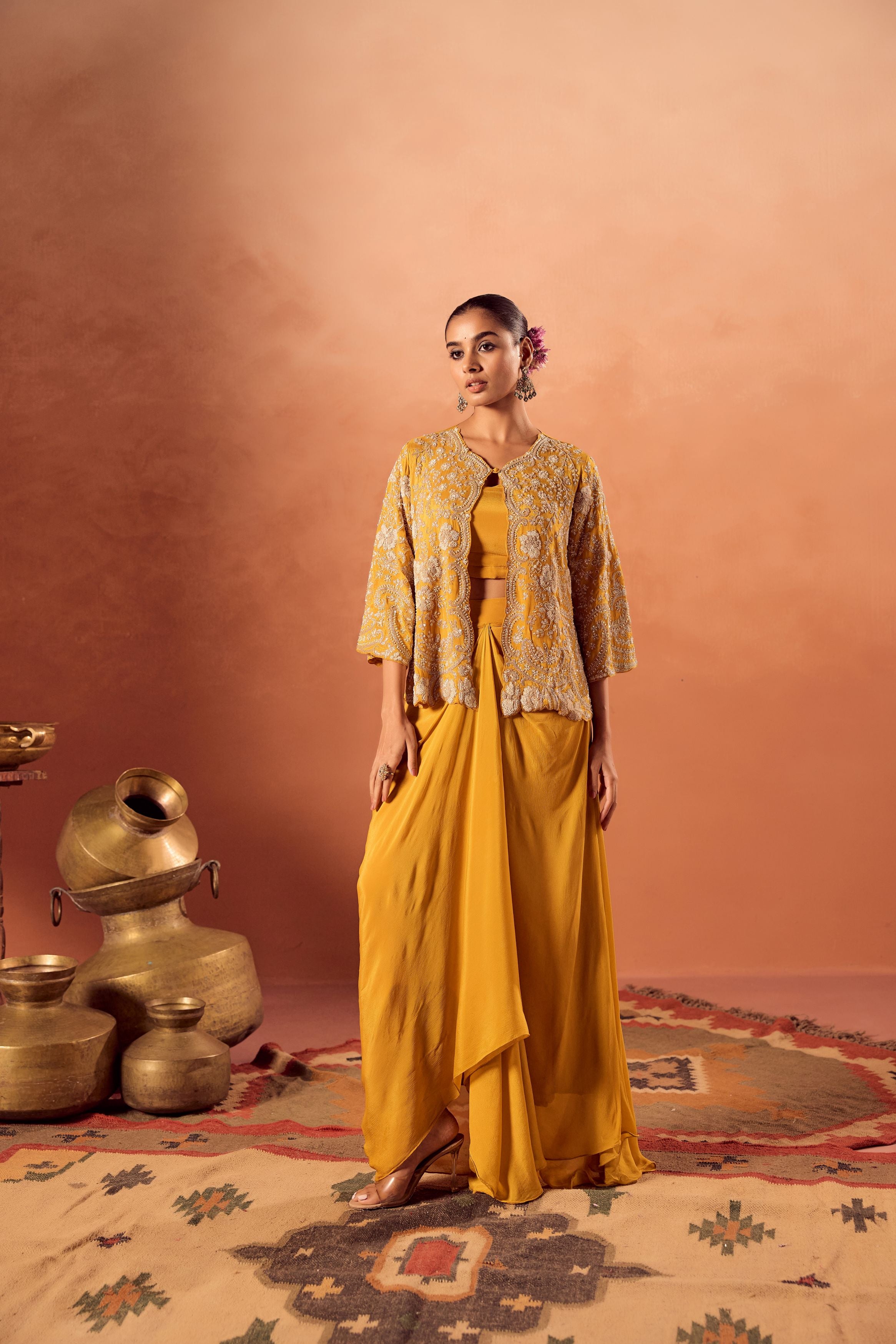 Bright Mustard Embellished Chinon Silk Skirt Set