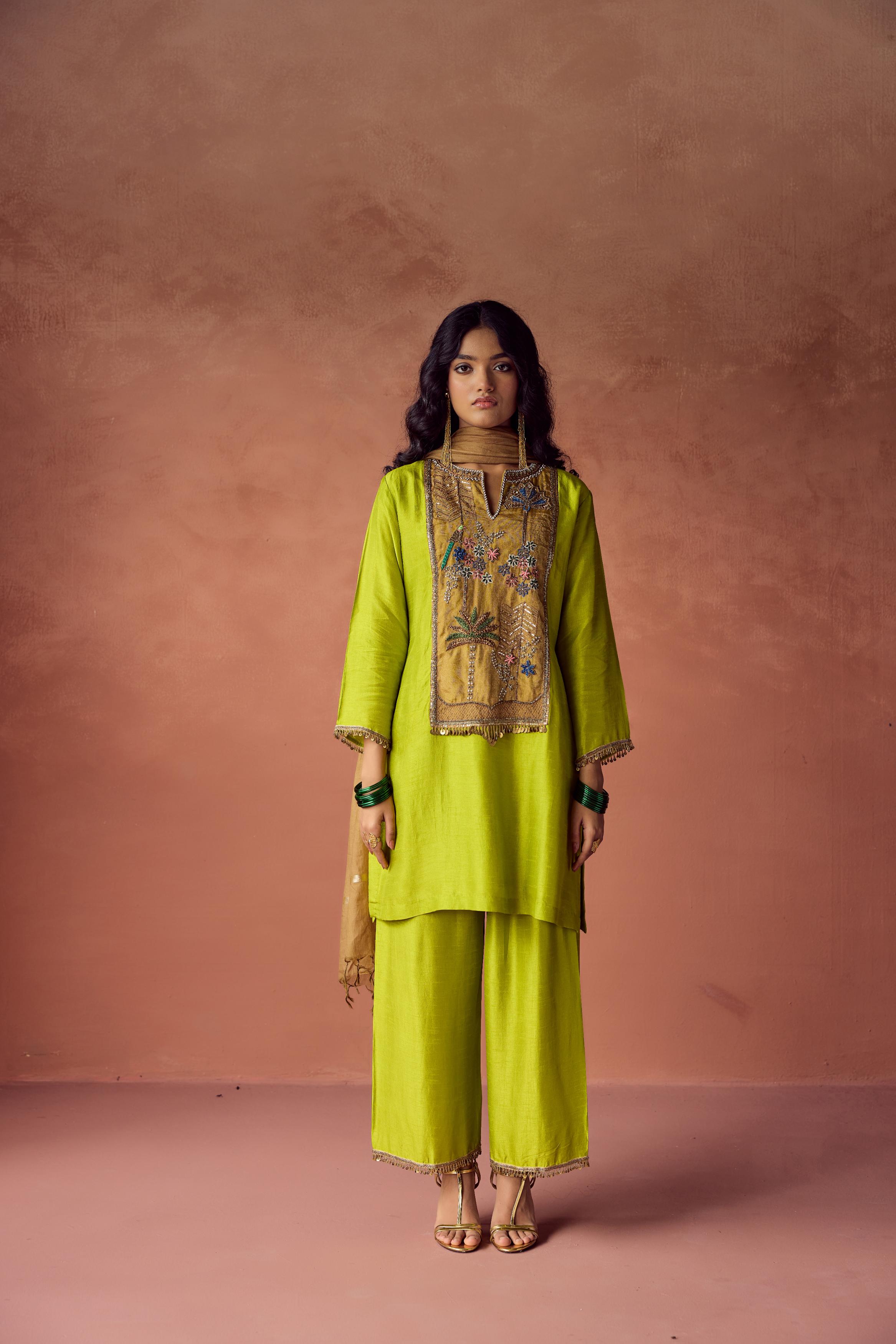 Bright Green Embellished Raw Silk Palazzo Set