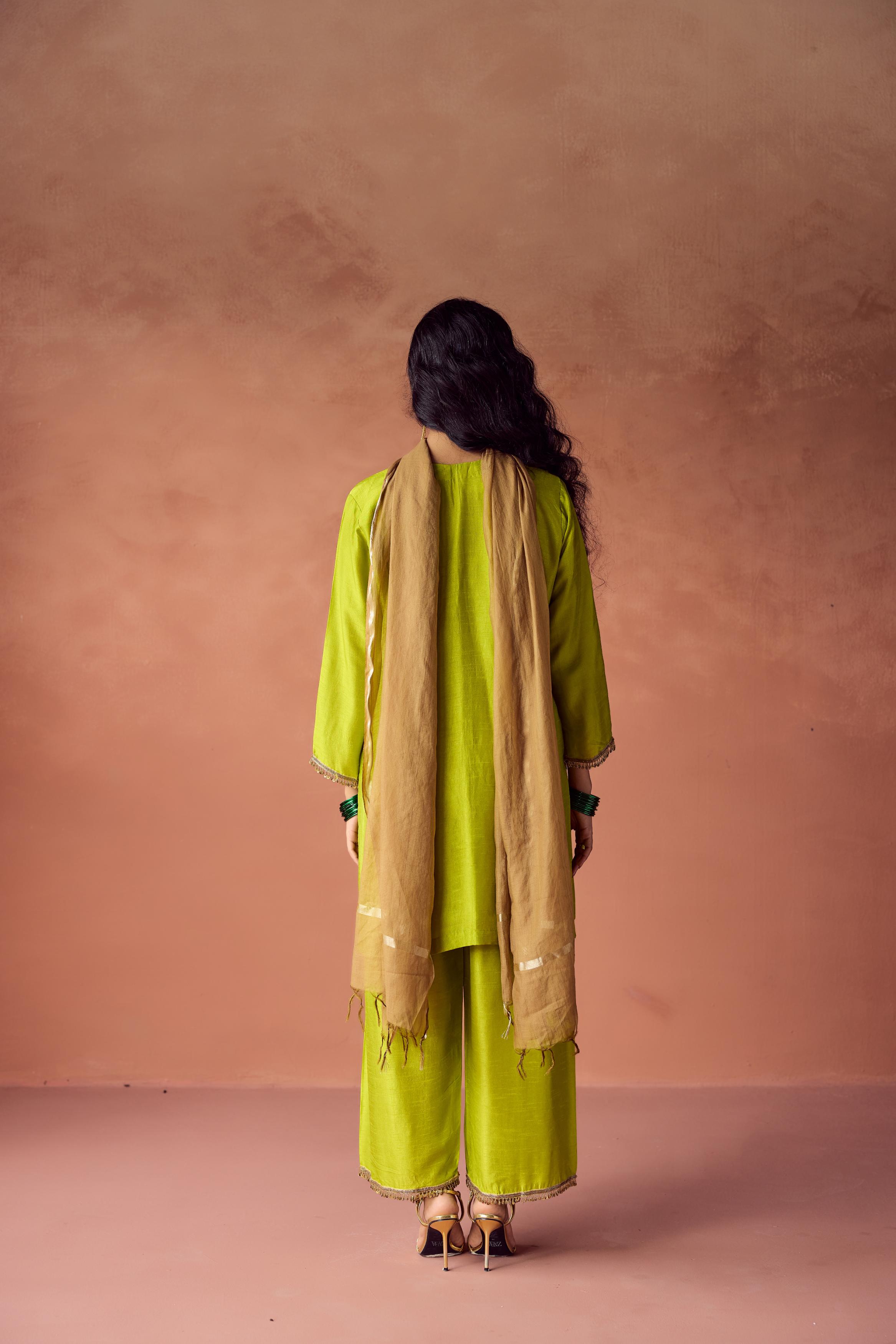 Bright Green Embellished Raw Silk Palazzo Set