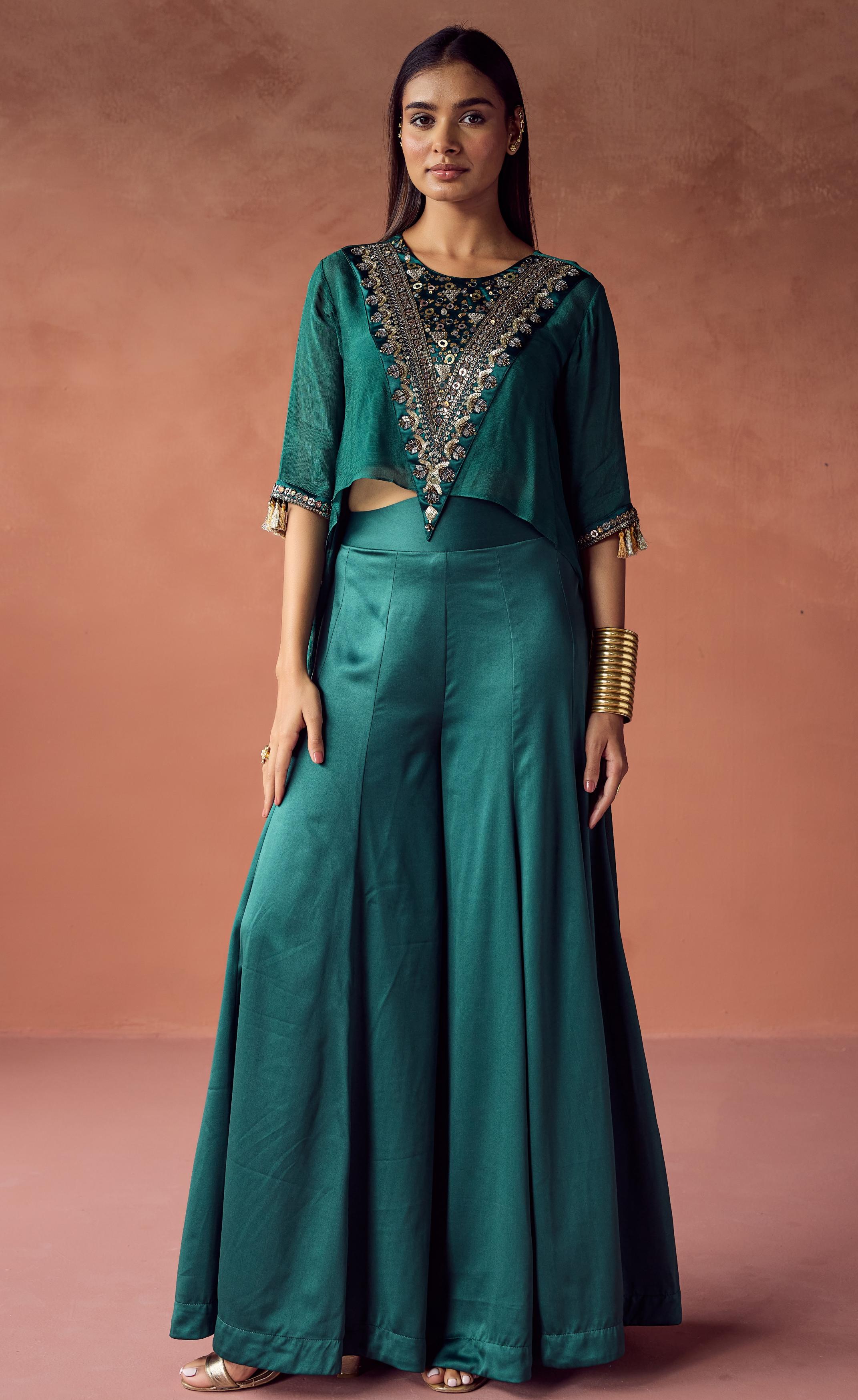 Emerald Luxe Embellished Chinon Silk Co-Ord Set