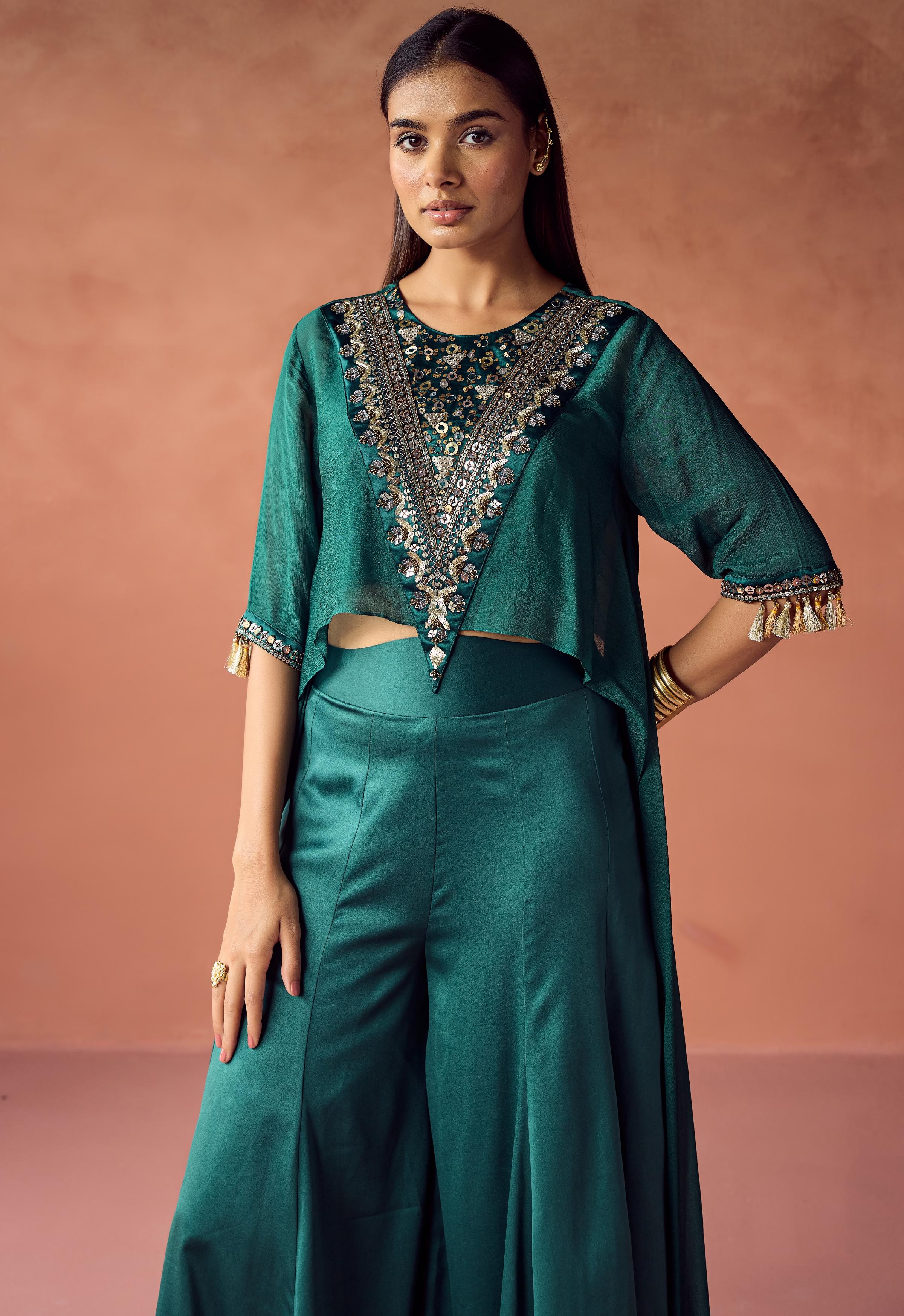 Emerald Luxe Embellished Chinon Silk Co-Ord Set
