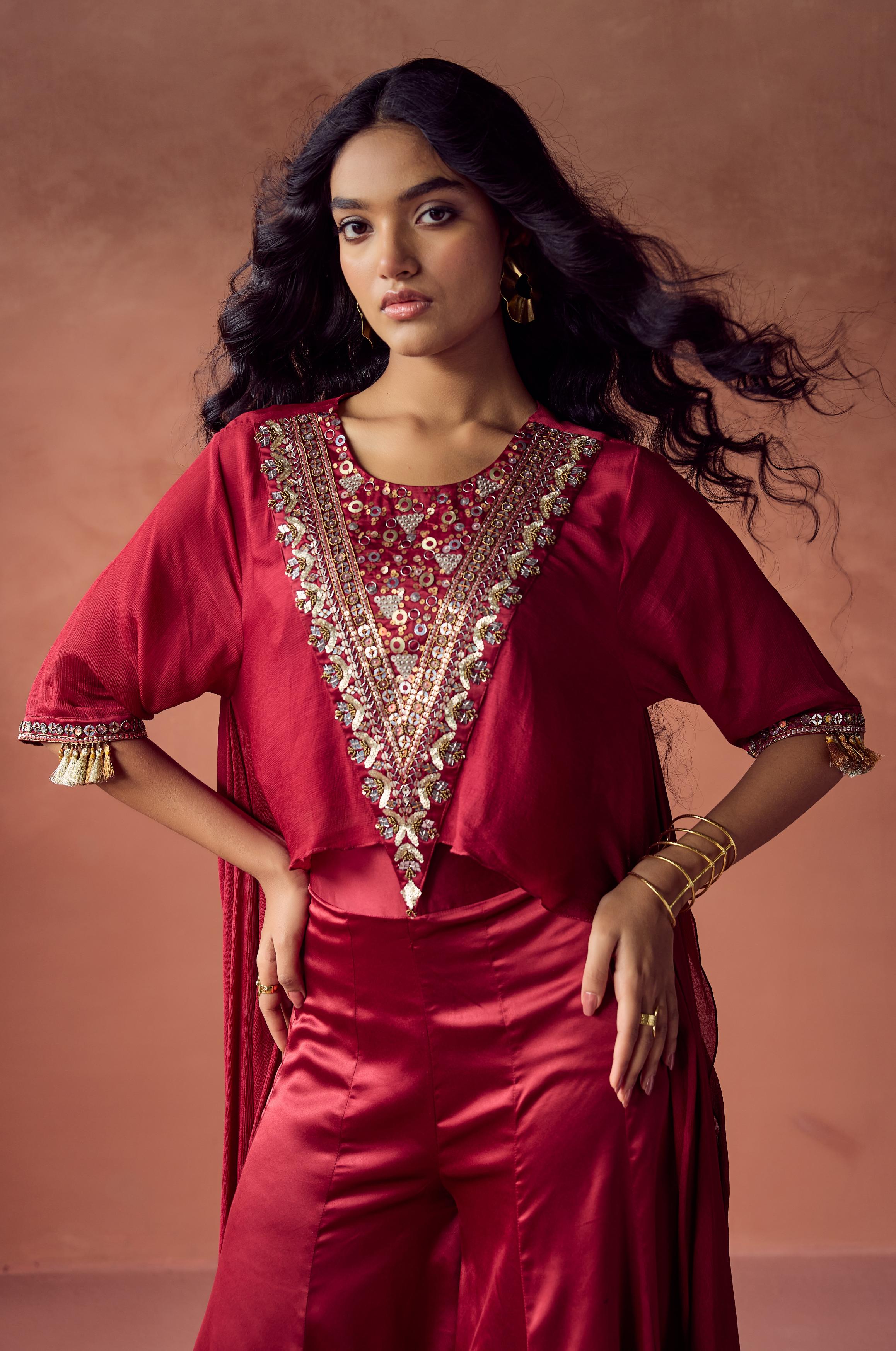 Mulberry Bloom Embellished Chinon Silk Co-Ord Set