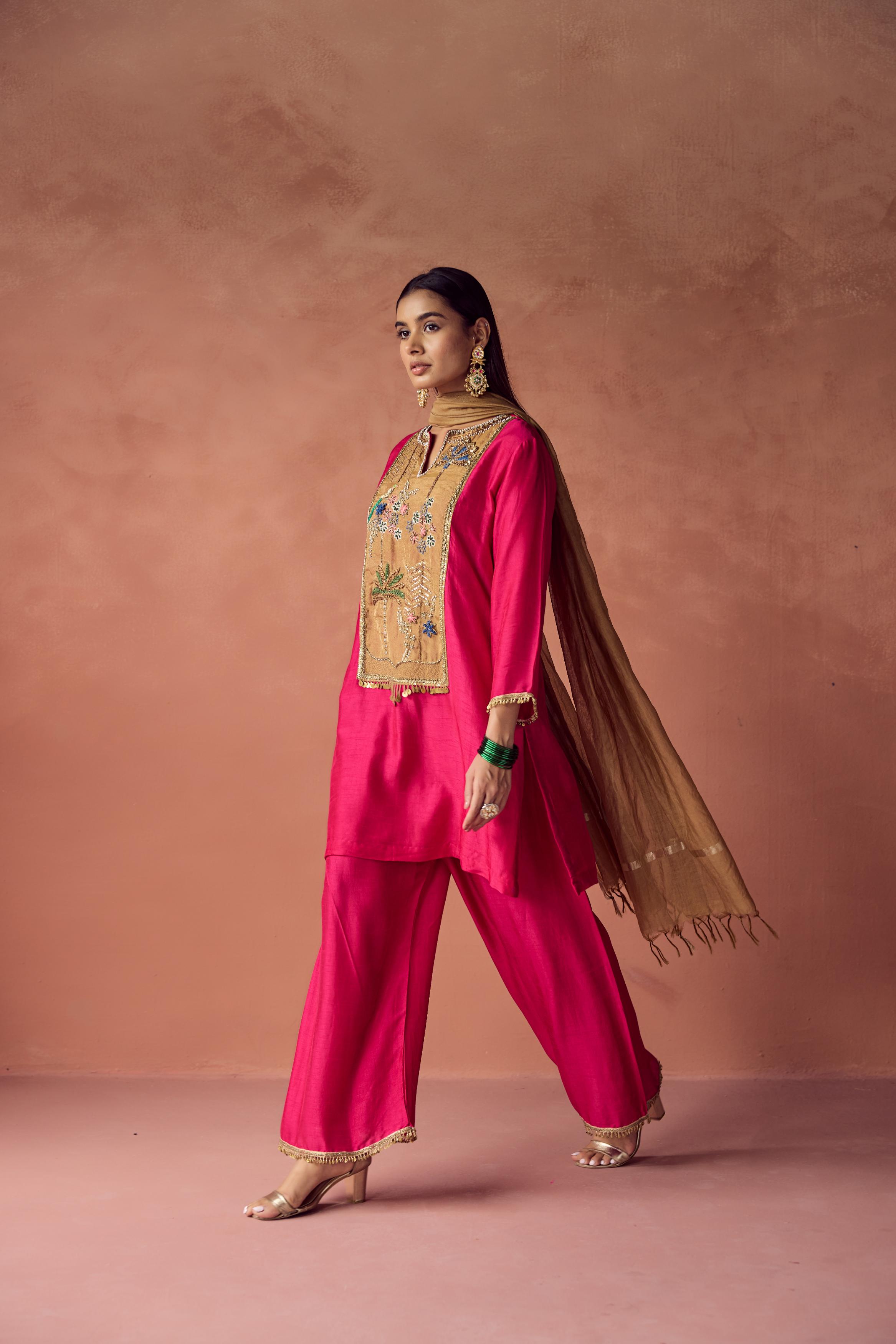 Hot Pink Embellished Raw Silk Palazzo Set