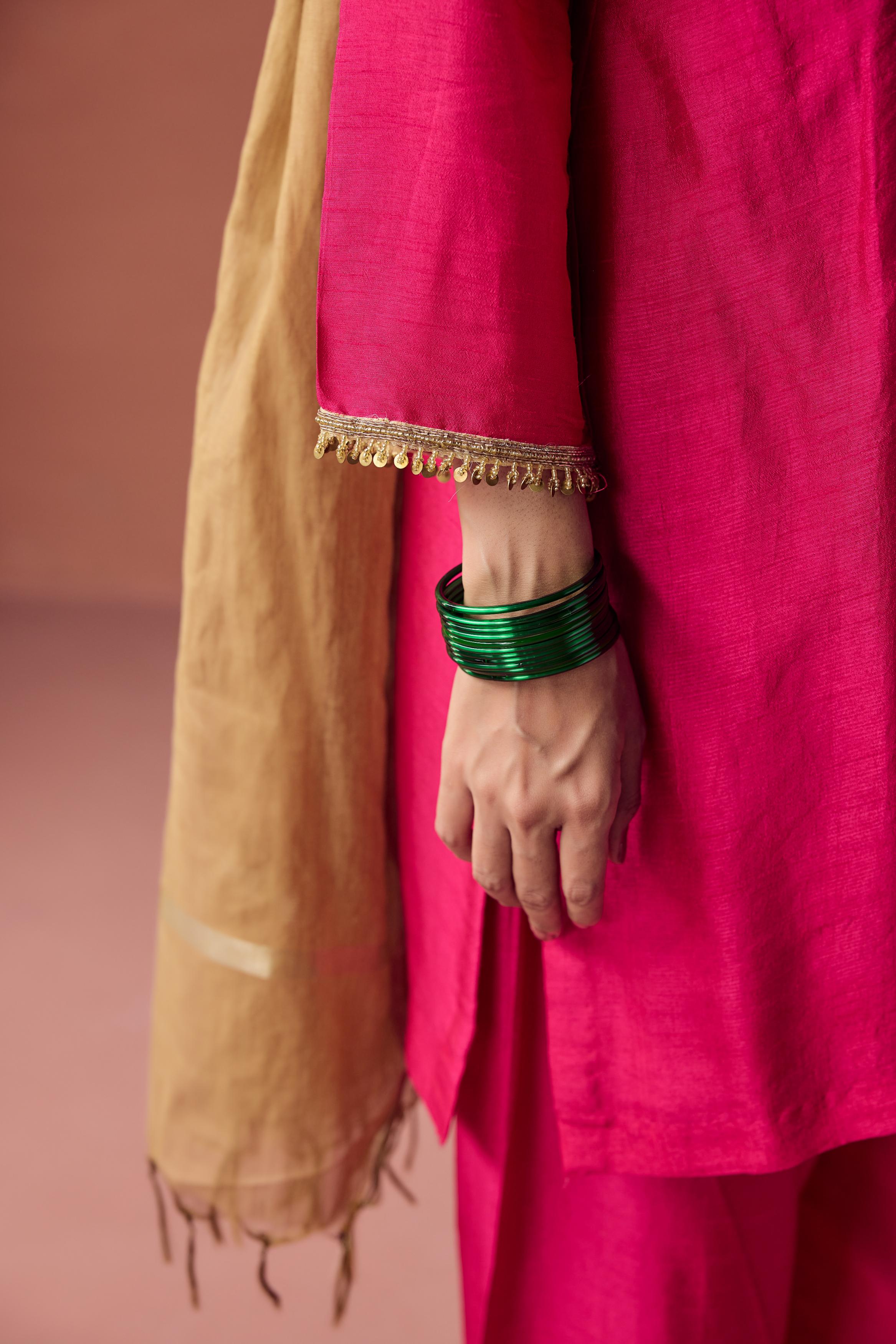 Hot Pink Embellished Raw Silk Palazzo Set